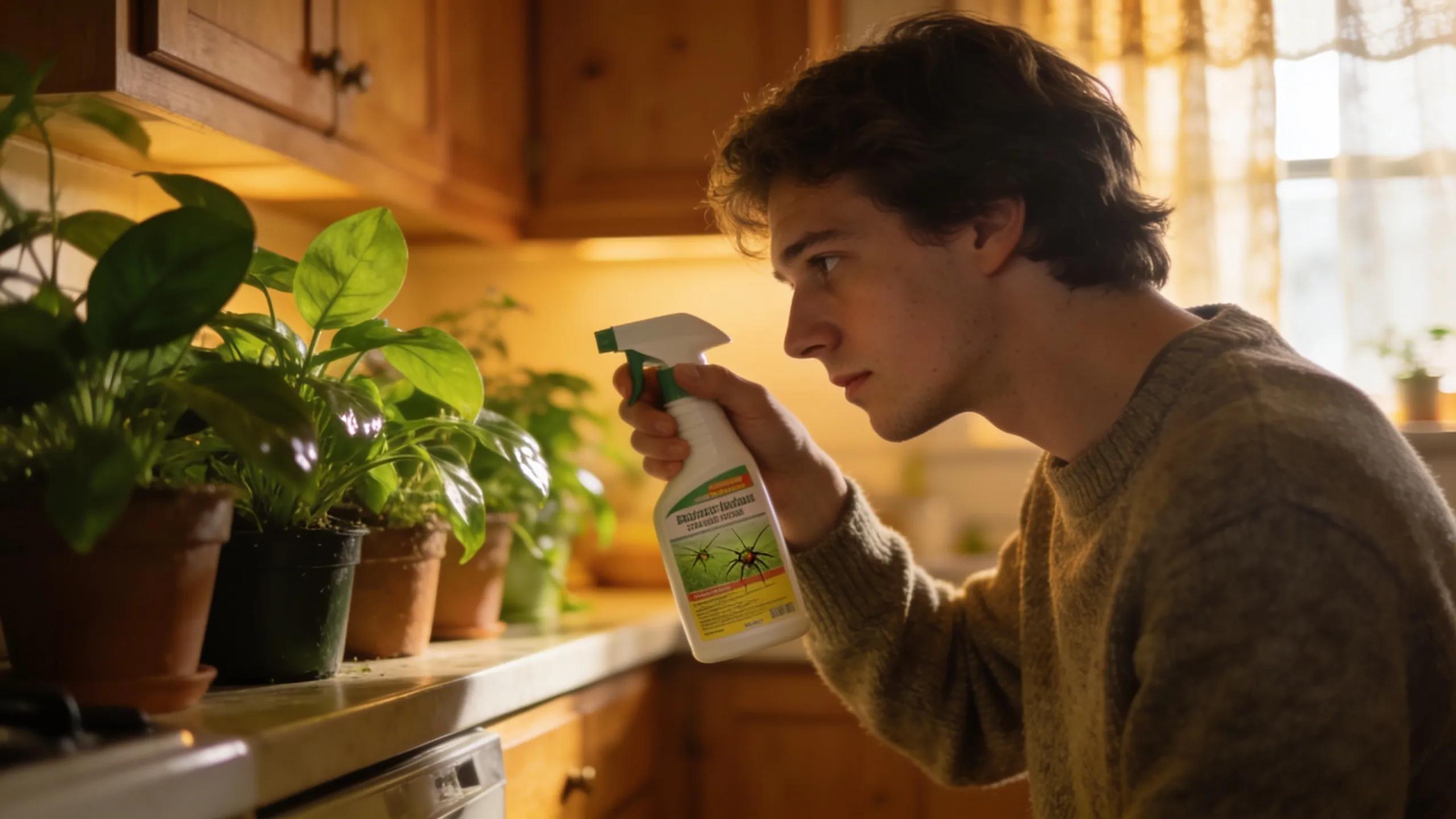Person inspecting an insecticide spray label in a nurturing kitchen environment while surrounded by plants