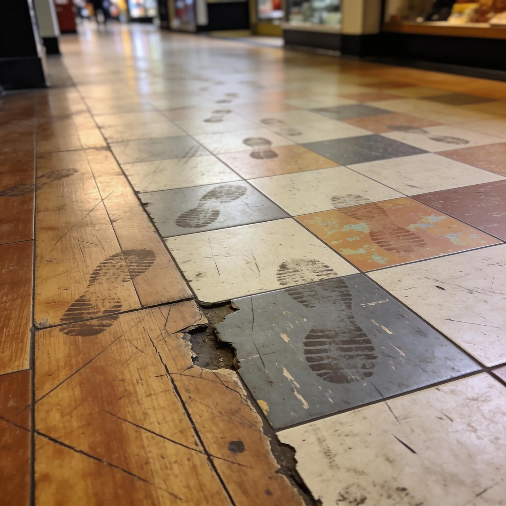Close-up of flooring showing scratches and faded areas from heavy foot traffic