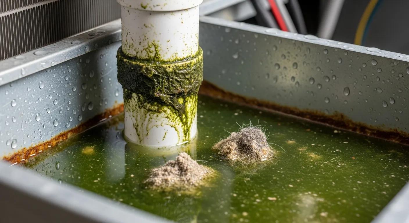 Close-up of a clogged AC condensate drain with standing water, showing why regular maintenance matters