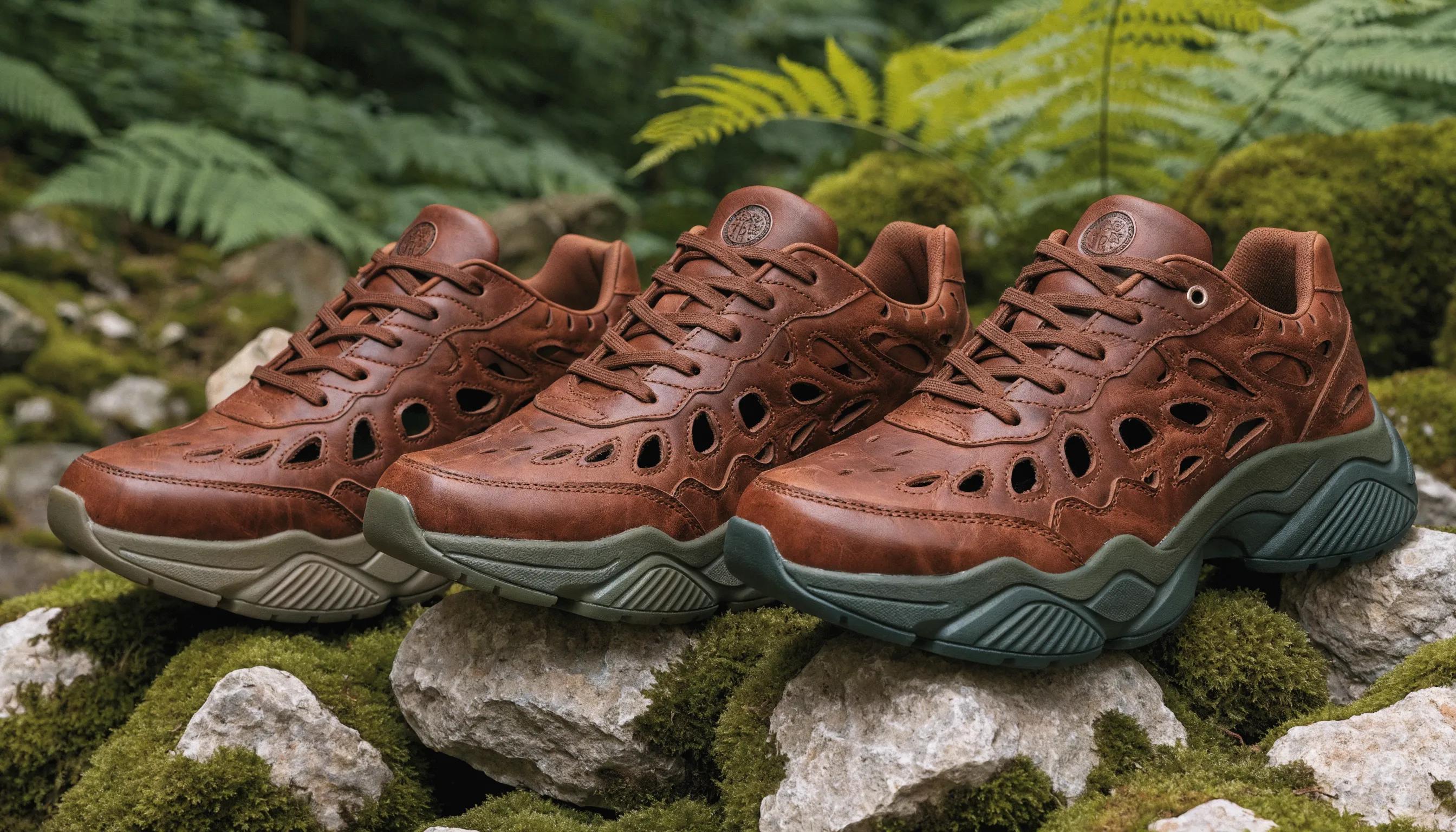 Collection of sustainable leather sneakers showcasing eco-friendly production practices
