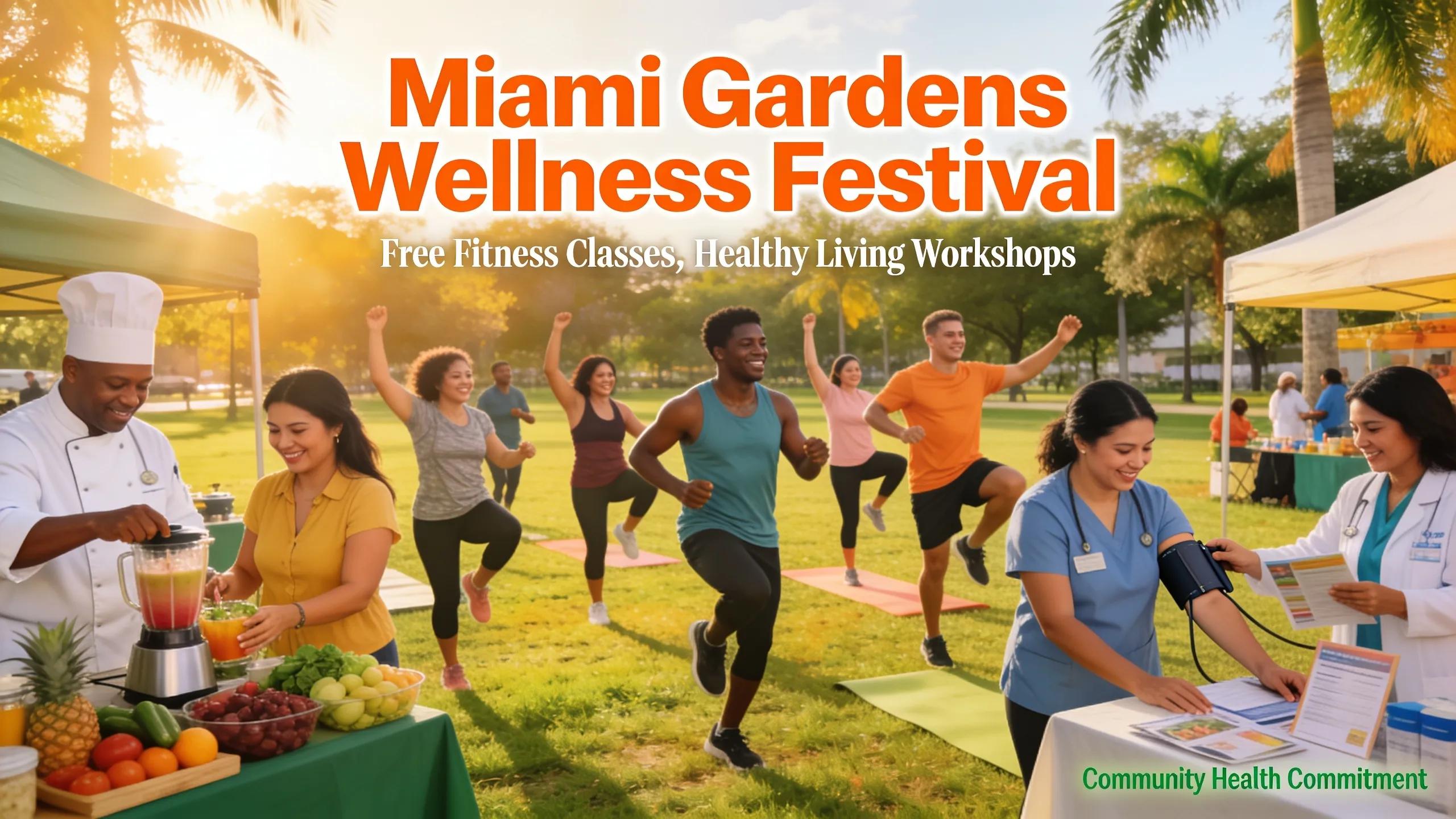 Community wellness event in Miami Gardens with residents participating in fitness classes and health activities