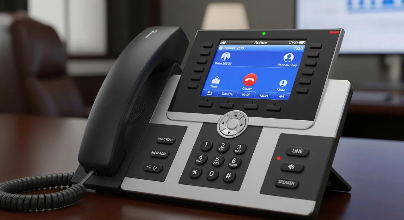 Close-up of a VoIP phone showcasing advanced features in a professional office
