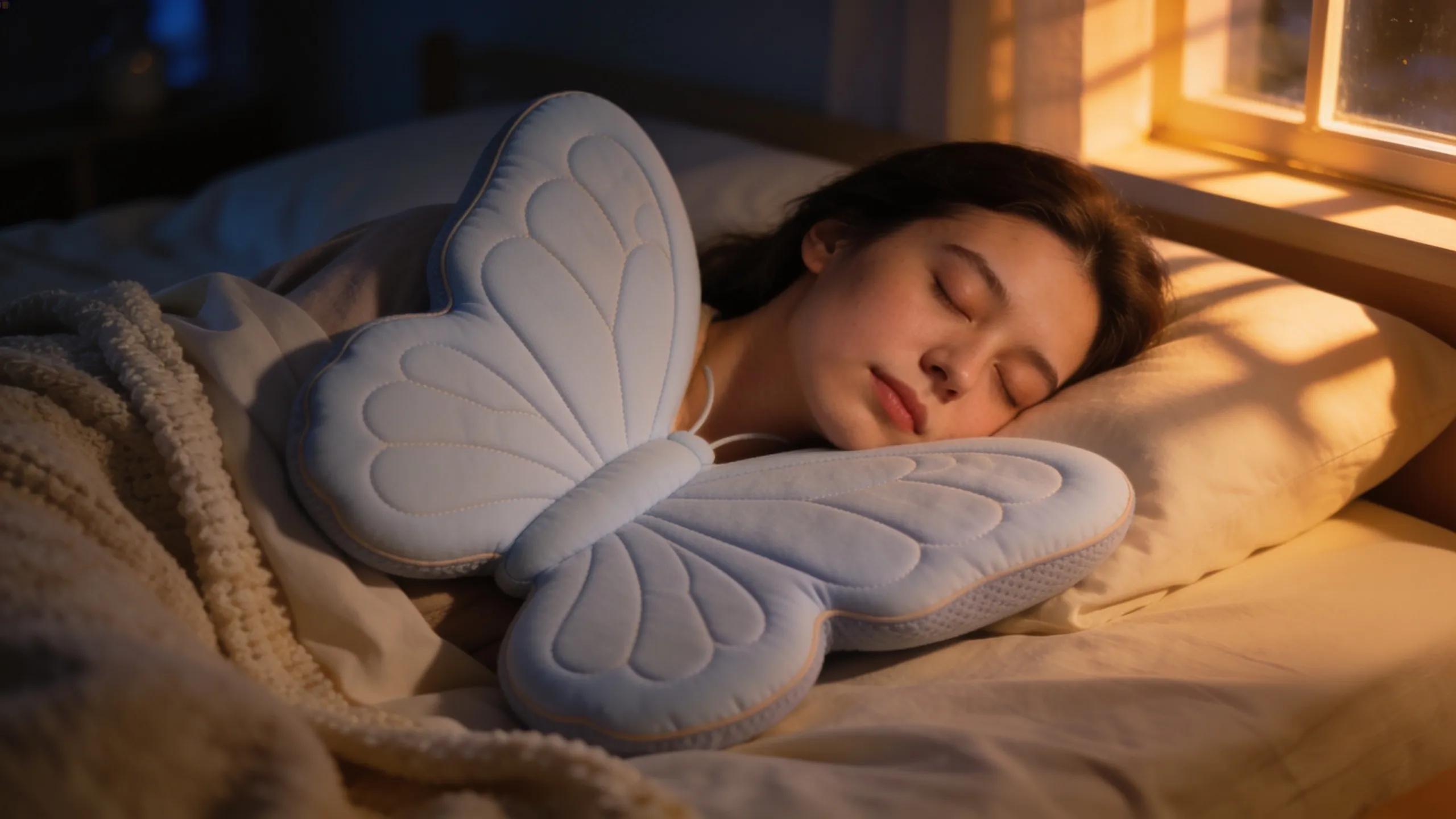 Person sleeping on a butterfly pillow, showcasing ergonomic support and spinal alignment