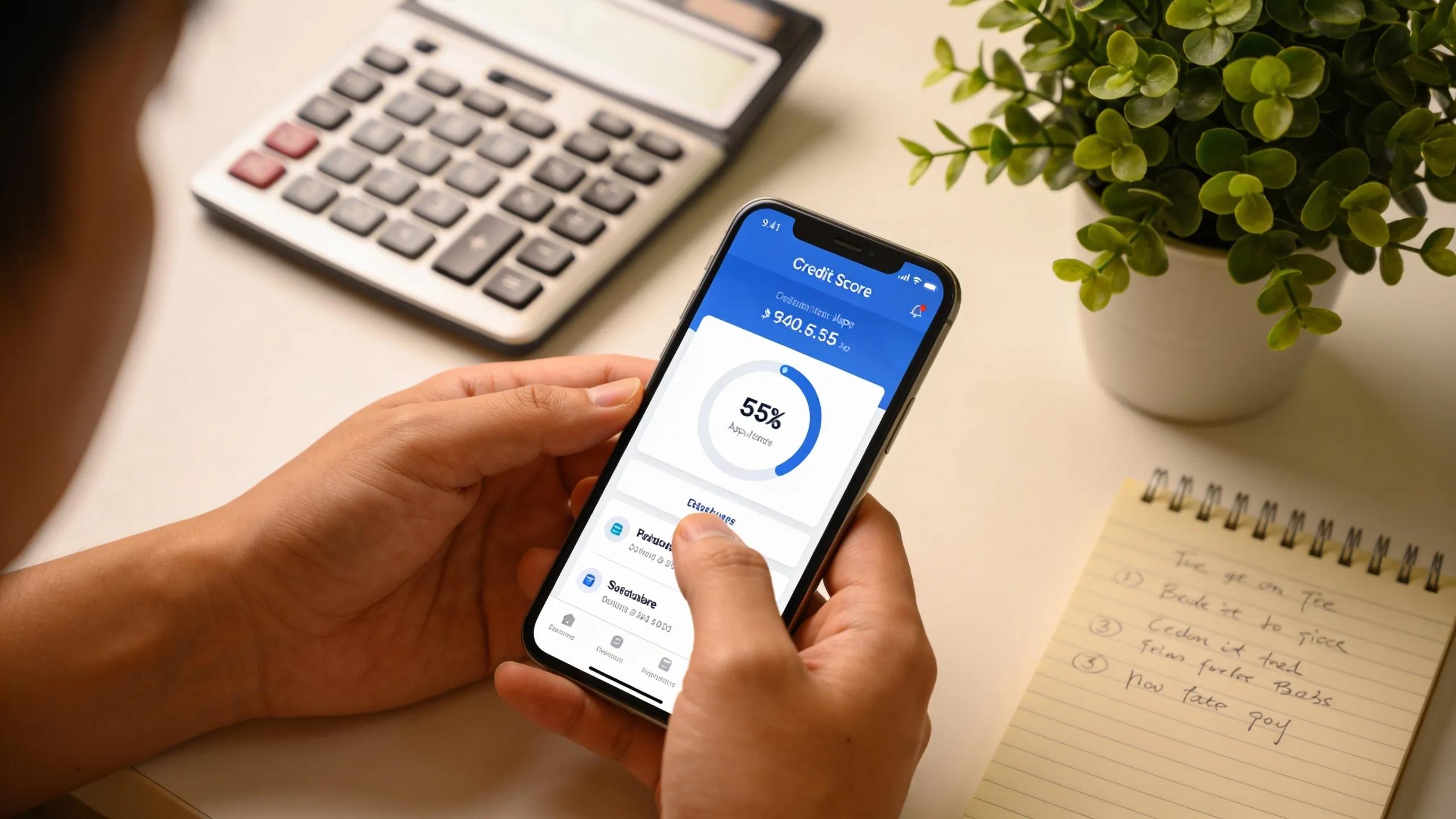 Image of hands navigating a credit score app emphasizing the impact of online payday loans