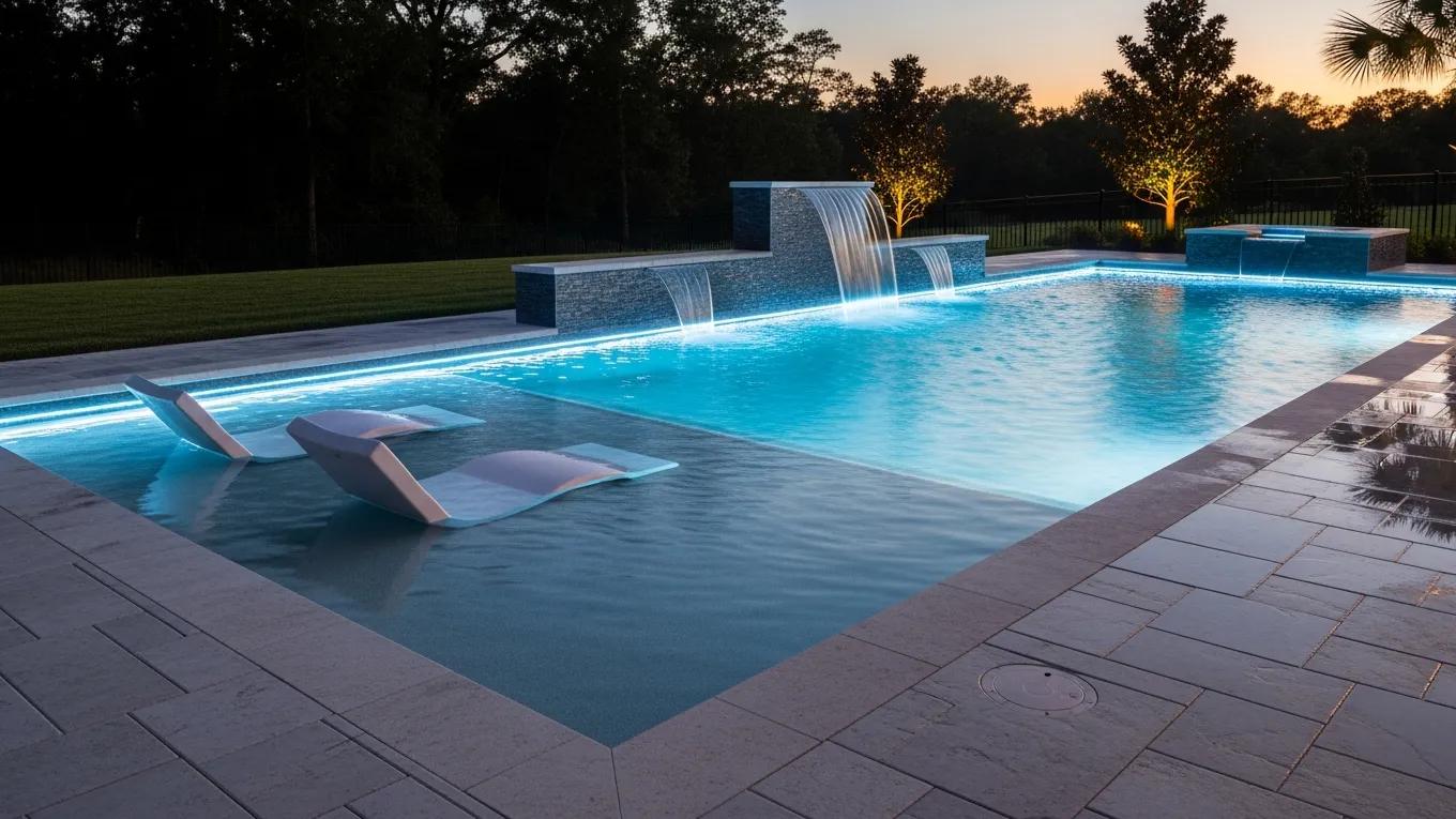Custom inground pool with sun shelf water feature and paver deck in Delaware