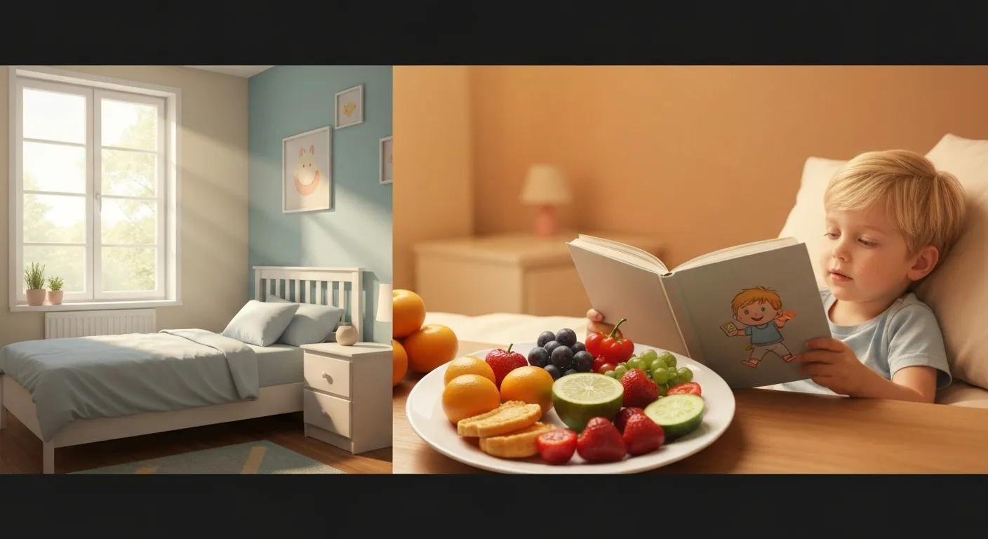 realistic, high-resolution image showing three key elements that influence a child’s energy levels: sleep, nutrition, and environment. The photo should feel warm, educational, and parent-friendly — perfect for a childcare blog header.