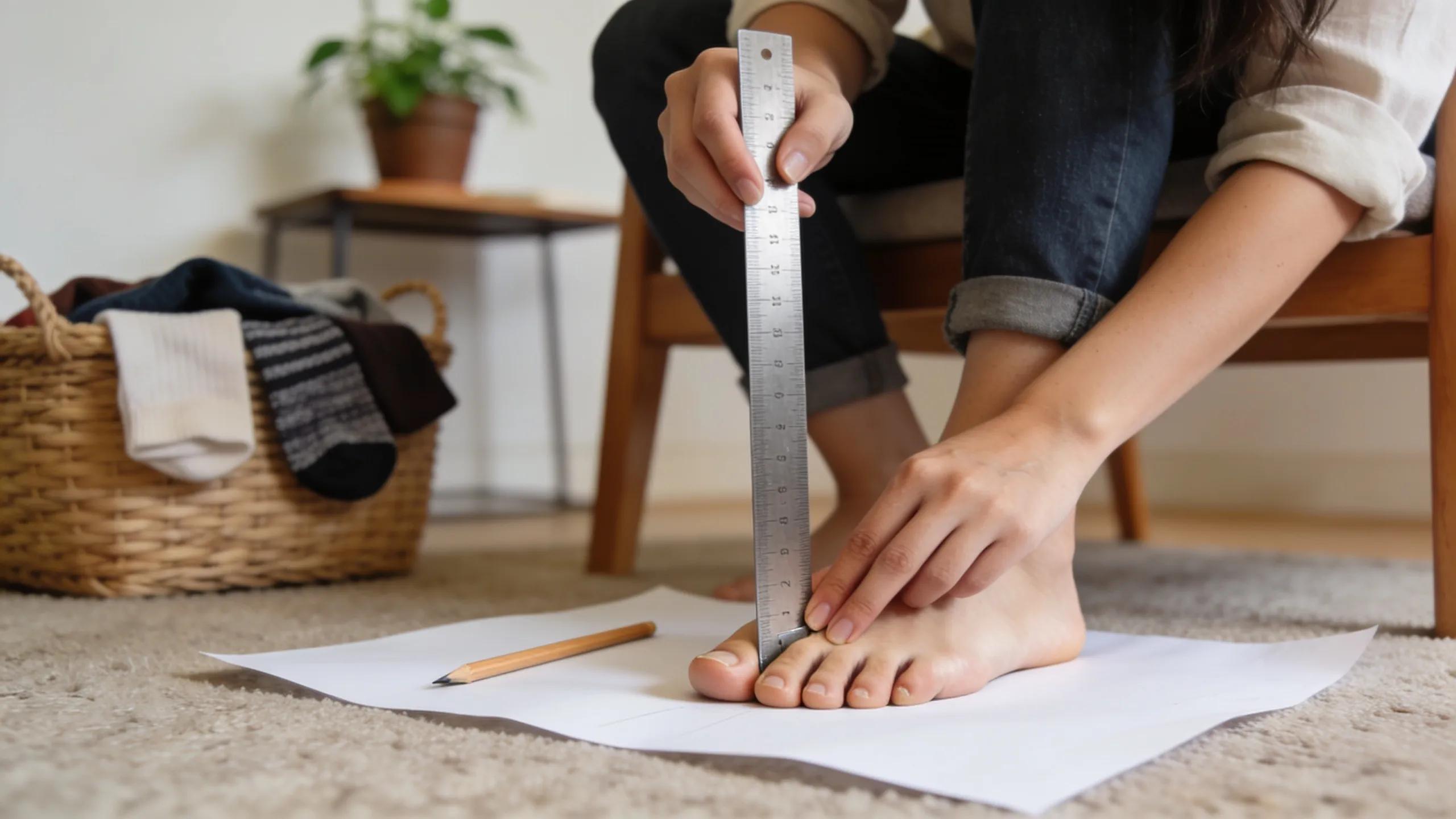 Woman measuring foot for Ameise shoe sizing at home, demonstrating accurate sizing process