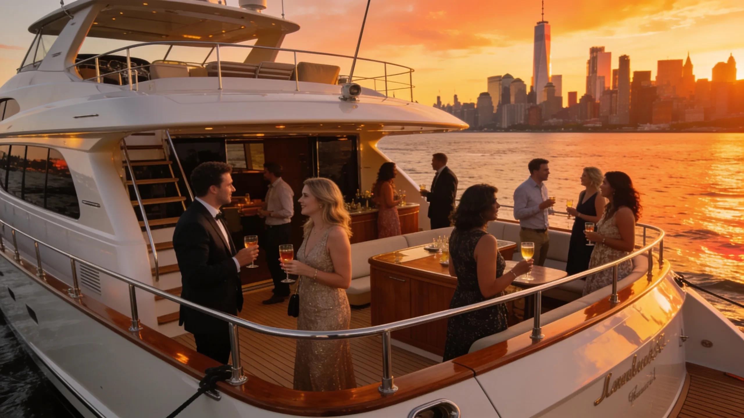 Luxury yacht party on Manhattan waterfront with guests enjoying the view