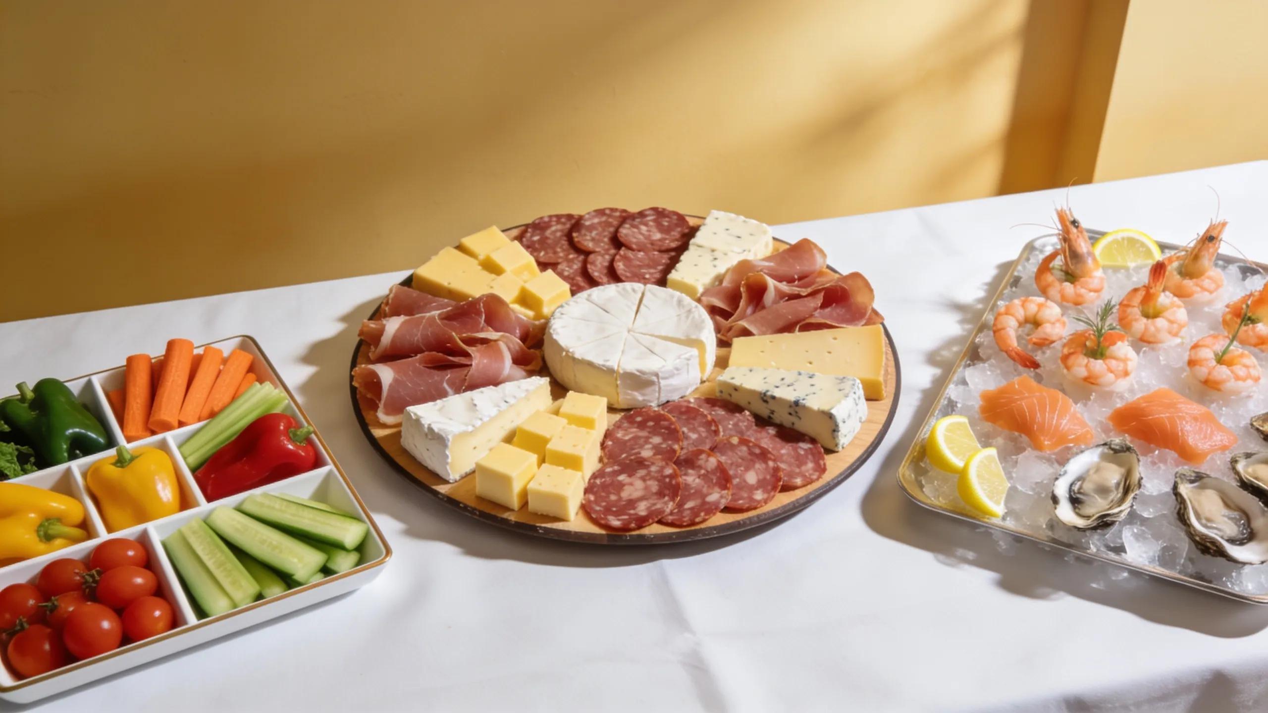 Diverse executive platters including charcuterie and seafood for corporate catering