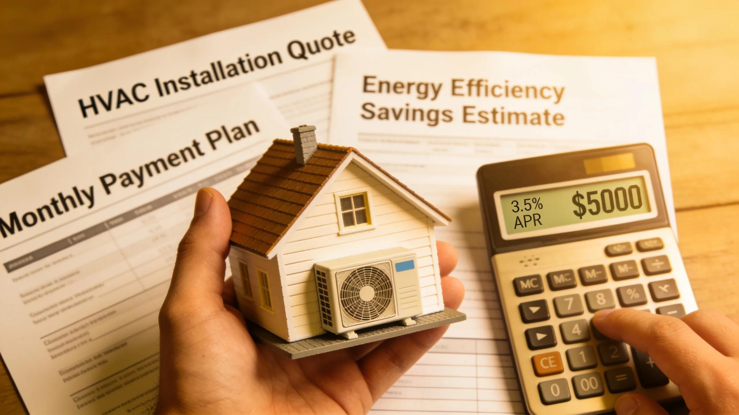 Hand holding a house model and calculator symbolizing HVAC financing options for homeowners.