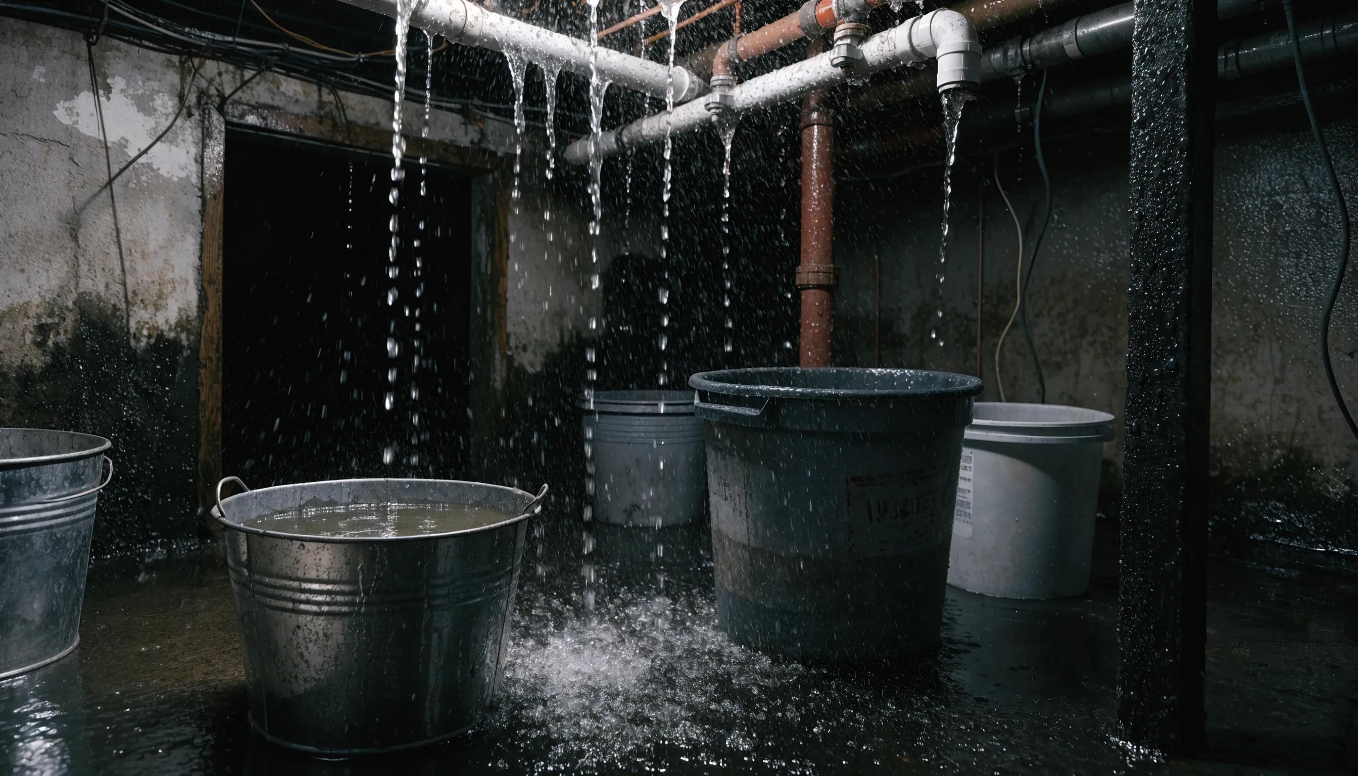 Damp basement wall with visible water stains and mold growth indicating moisture intrusion