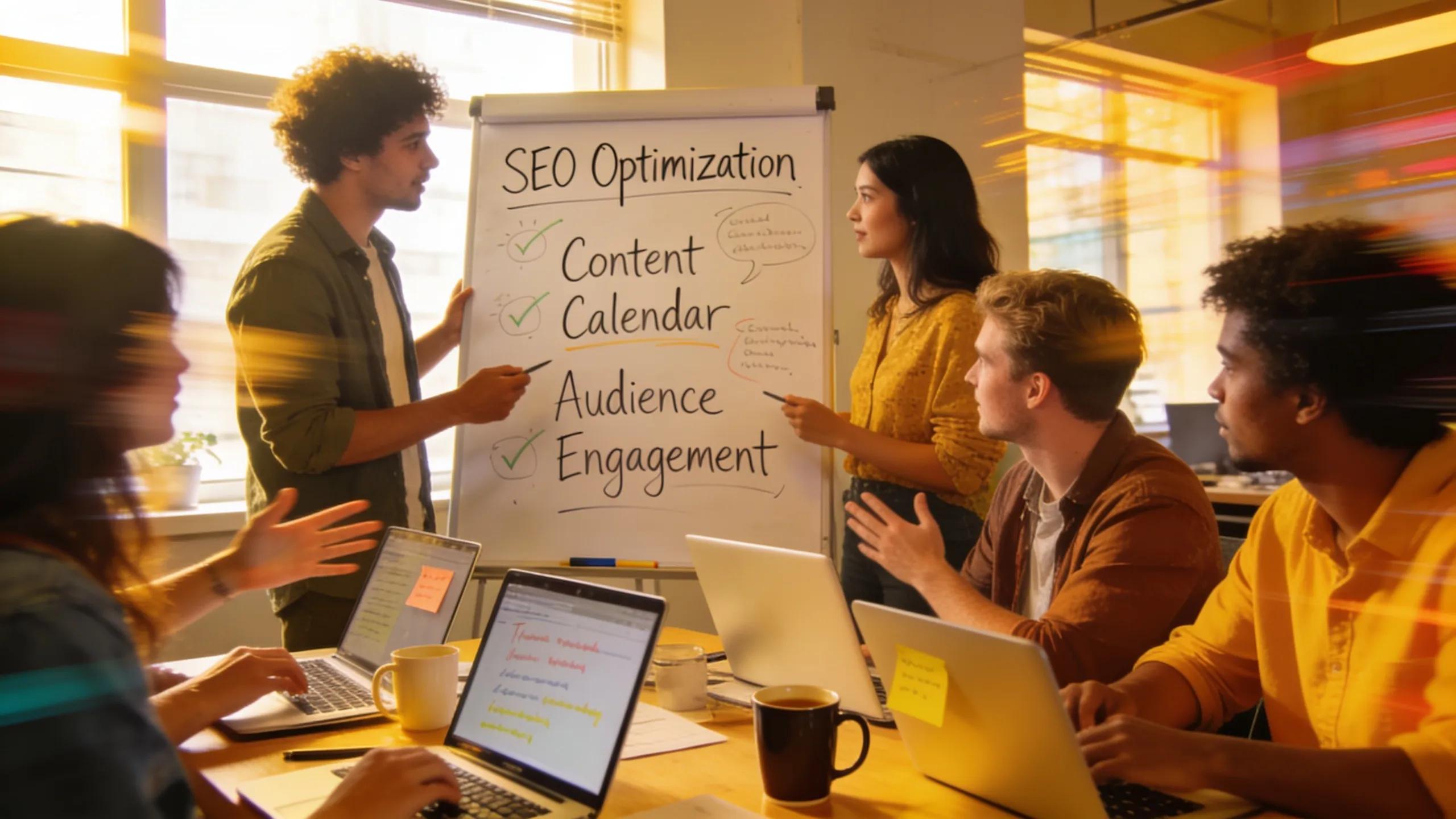 Team of marketers collaborating on online marketing strategies to enhance course visibility