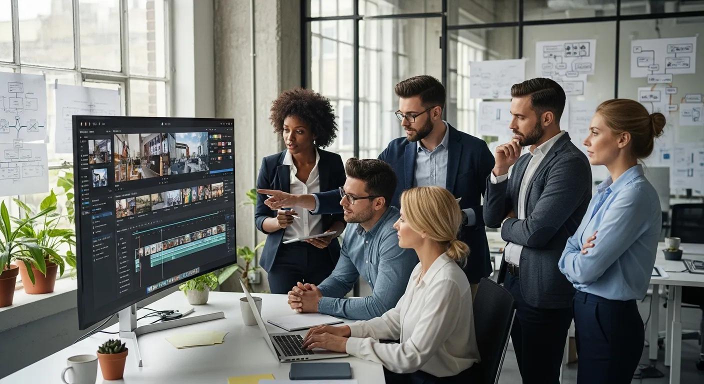 Team collaboration on a paid AI video editing tool in a modern professional setting Team collaboration on a paid AI video editing tool in a modern professional setting