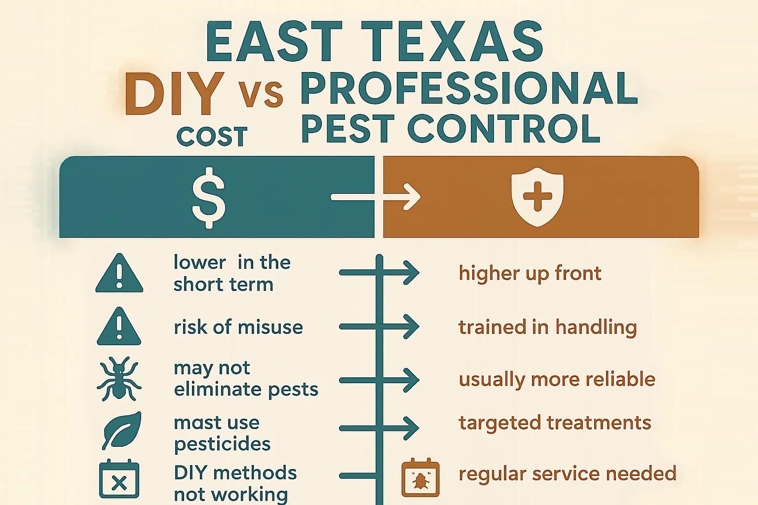 East Texas DIY vs Professional Pest Control infographic comparing costs, highlighting lower short-term costs and risks of DIY methods versus higher upfront costs and reliability of professional services.