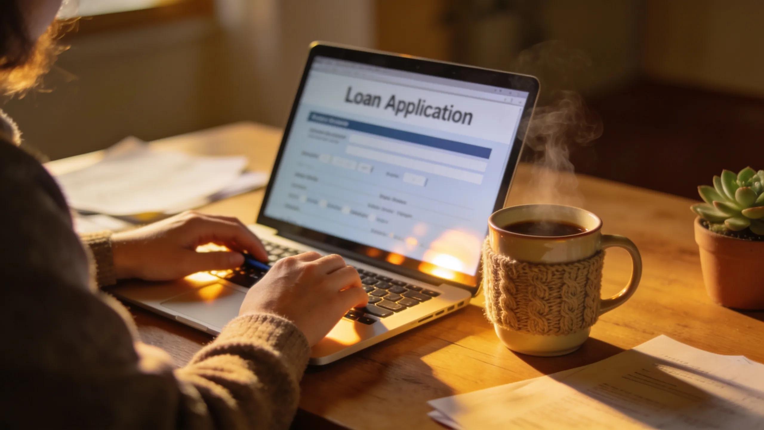 Person completing an online loan application process emphasizing ease and comfort of accessing financial support Person completing an online loan application process emphasizing ease and comfort of accessing financial support