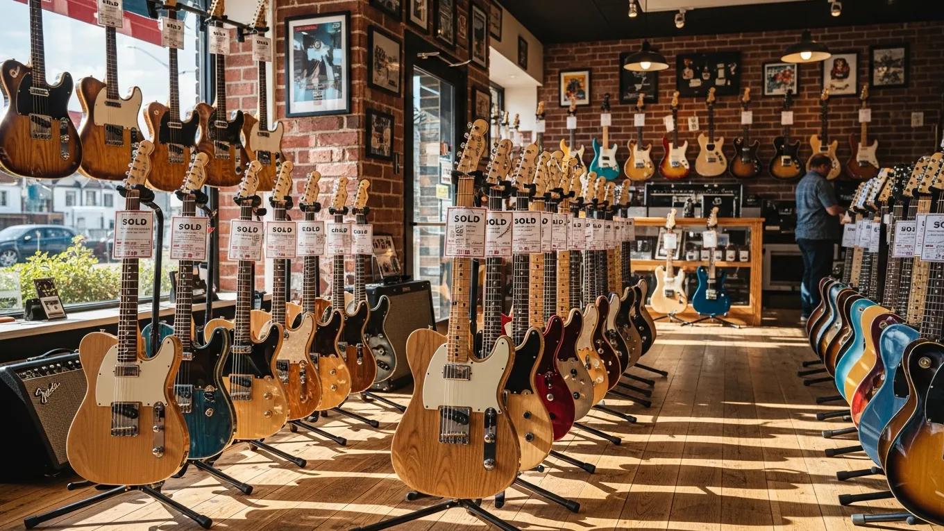 2024 Fender Telecaster models displayed in a music shop, showcasing variety and craftsmanship