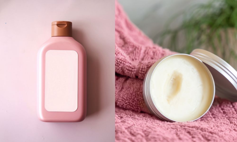 A pink bottle with a blank label sitting next to an open tin of creamy beef tallow for hair, showcasing natural hair growth products on a soft pink textile background.