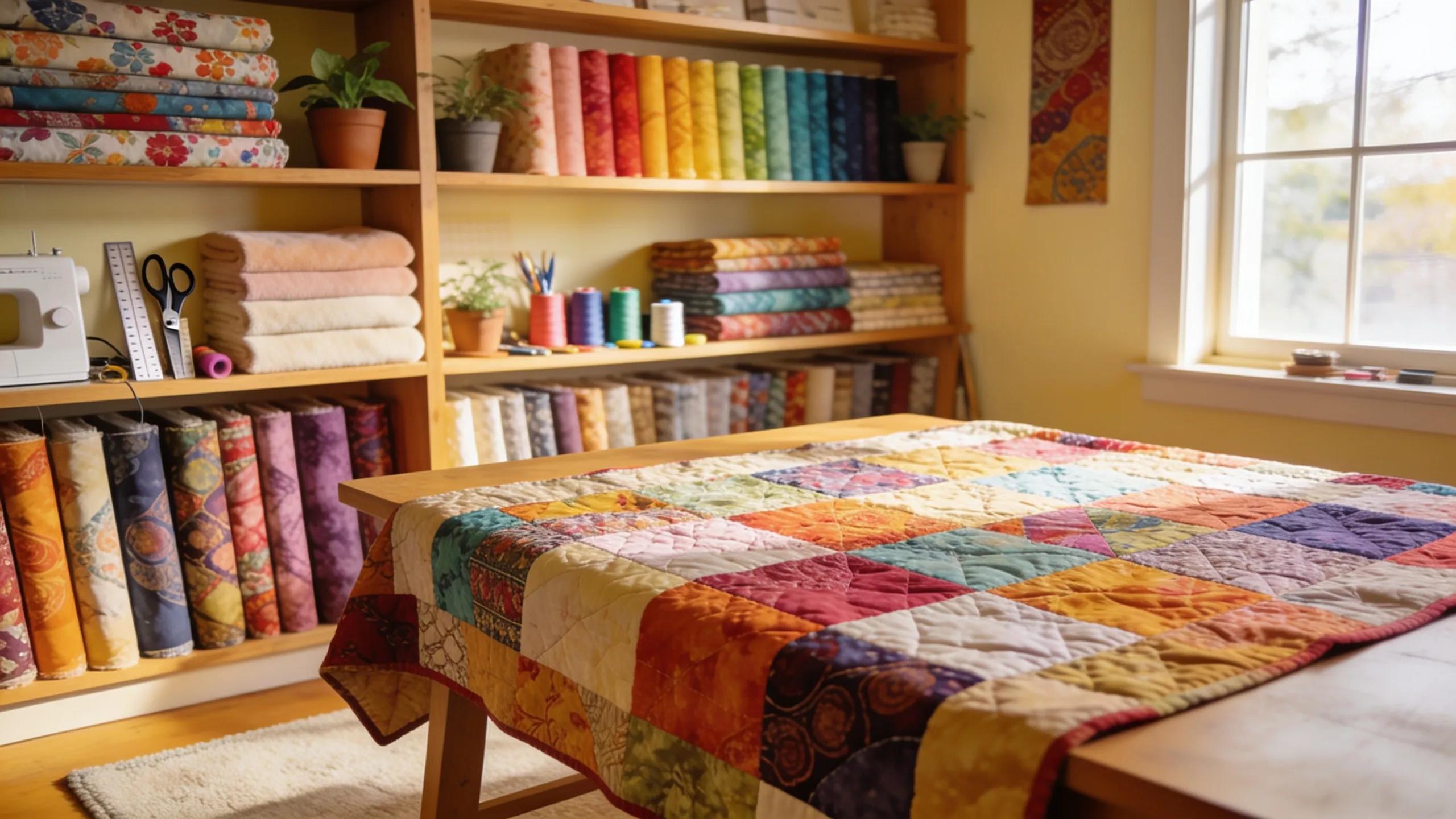Variety of quilting fabrics arranged in a colorful sewing studio, representing quality fabric selection for quilters