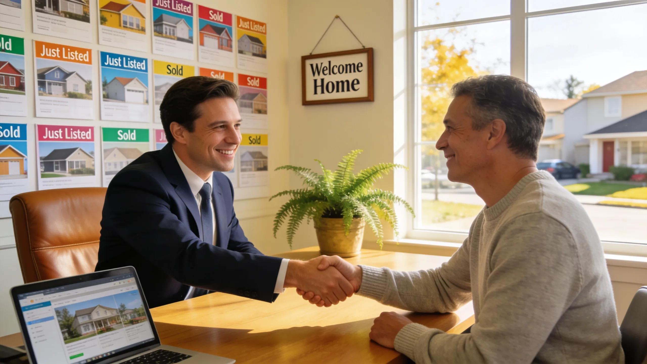 Real estate agent and homeowner shaking hands after agreeing to sell an inherited property