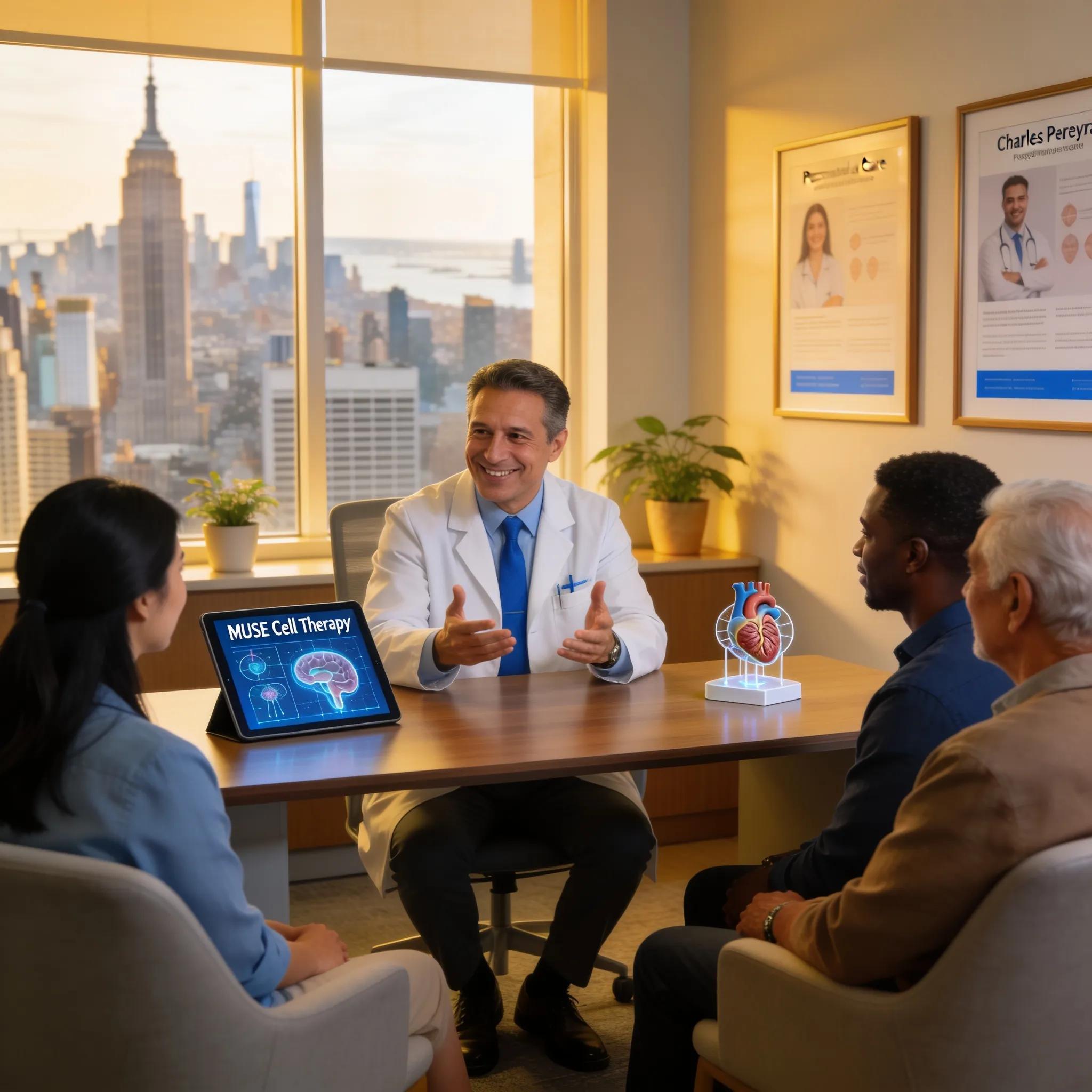 Dr. Charles Pereyra discussing MUSE cell therapy with patients in a modern NYC clinic
