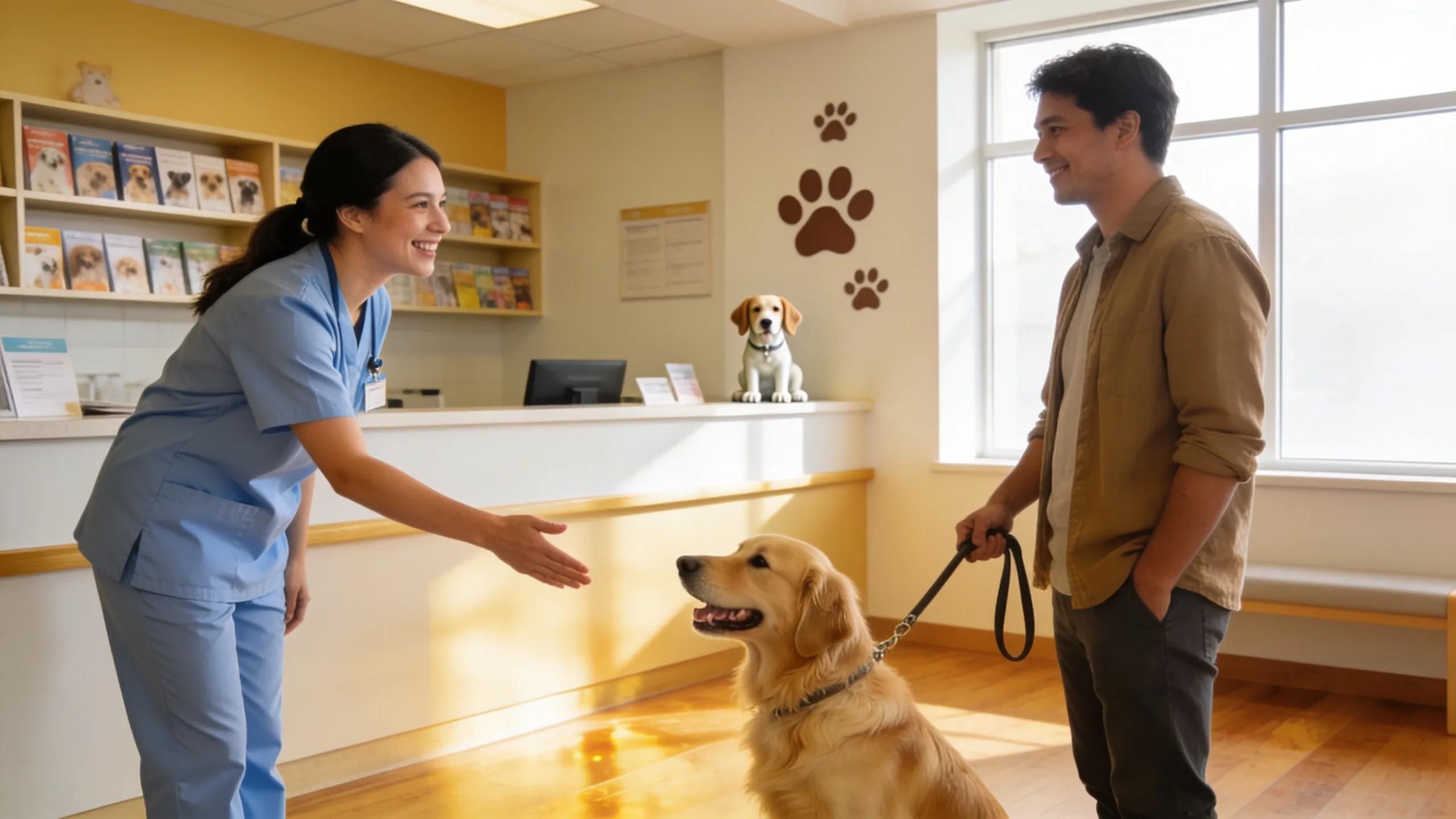 Welcoming veterinary clinic reception with friendly staff and pet owner