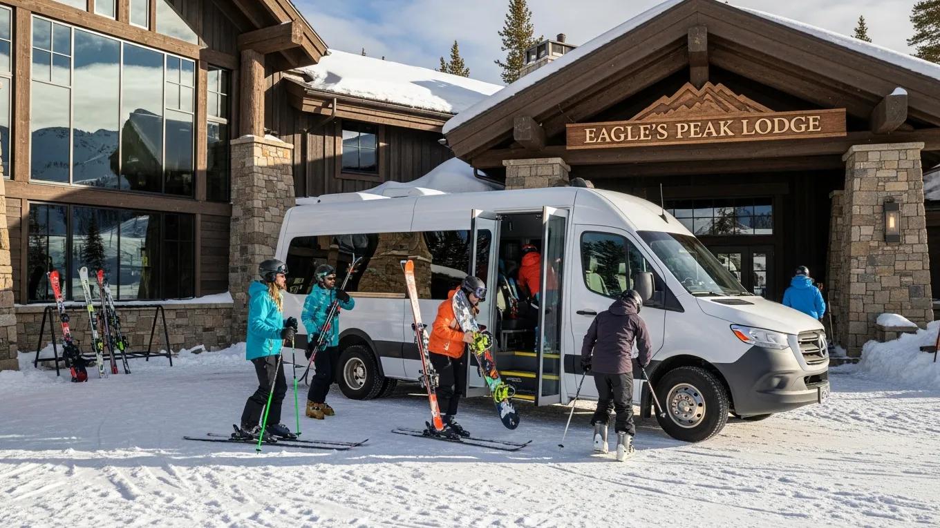 Shuttle service vehicle parked by ski lodge with skiers loading equipment