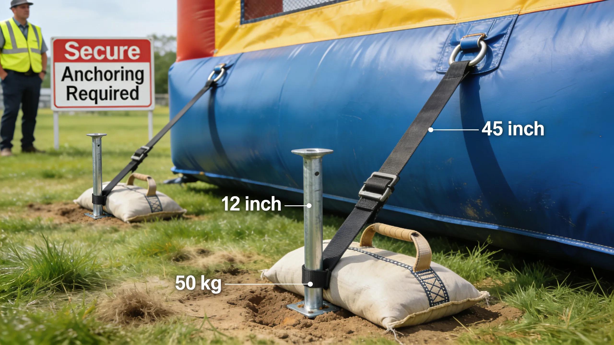 Demonstration of proper anchoring techniques for inflatables using stakes and sandbags on a grassy surface