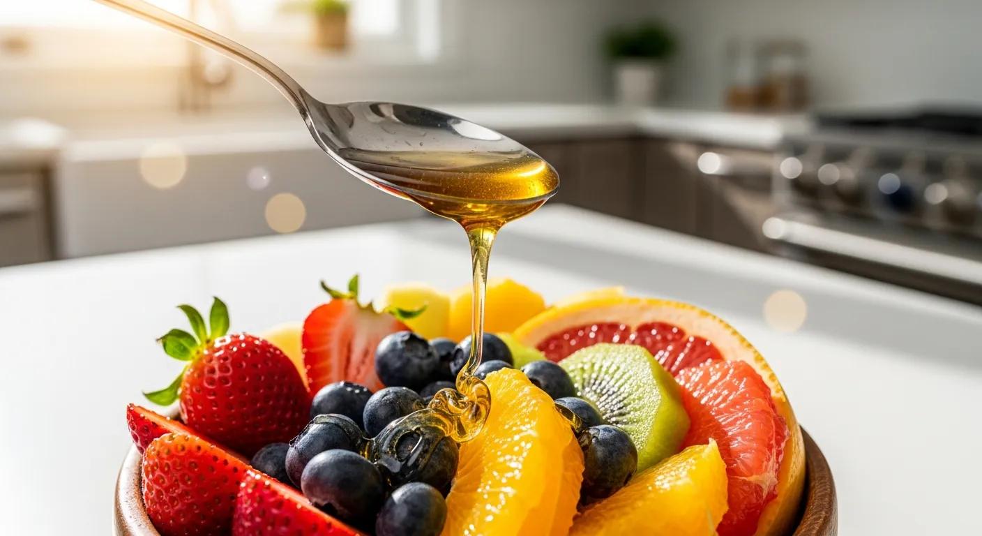 Spoonful of organic honey drizzled over fresh fruit in a bright kitchen setting