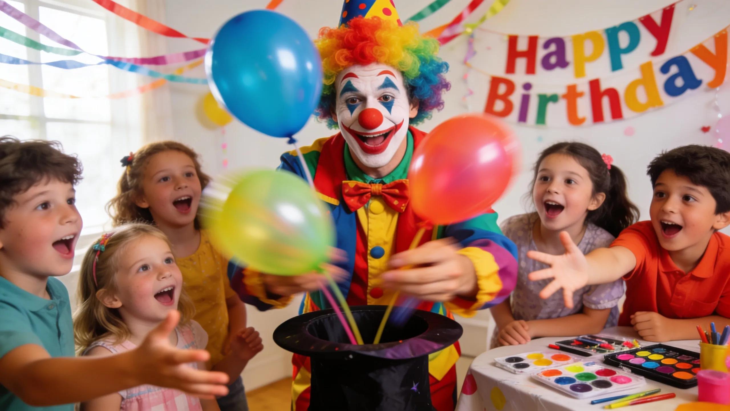 Clown entertaining children with magic tricks and balloon art at a birthday party, showcasing engagement and fun