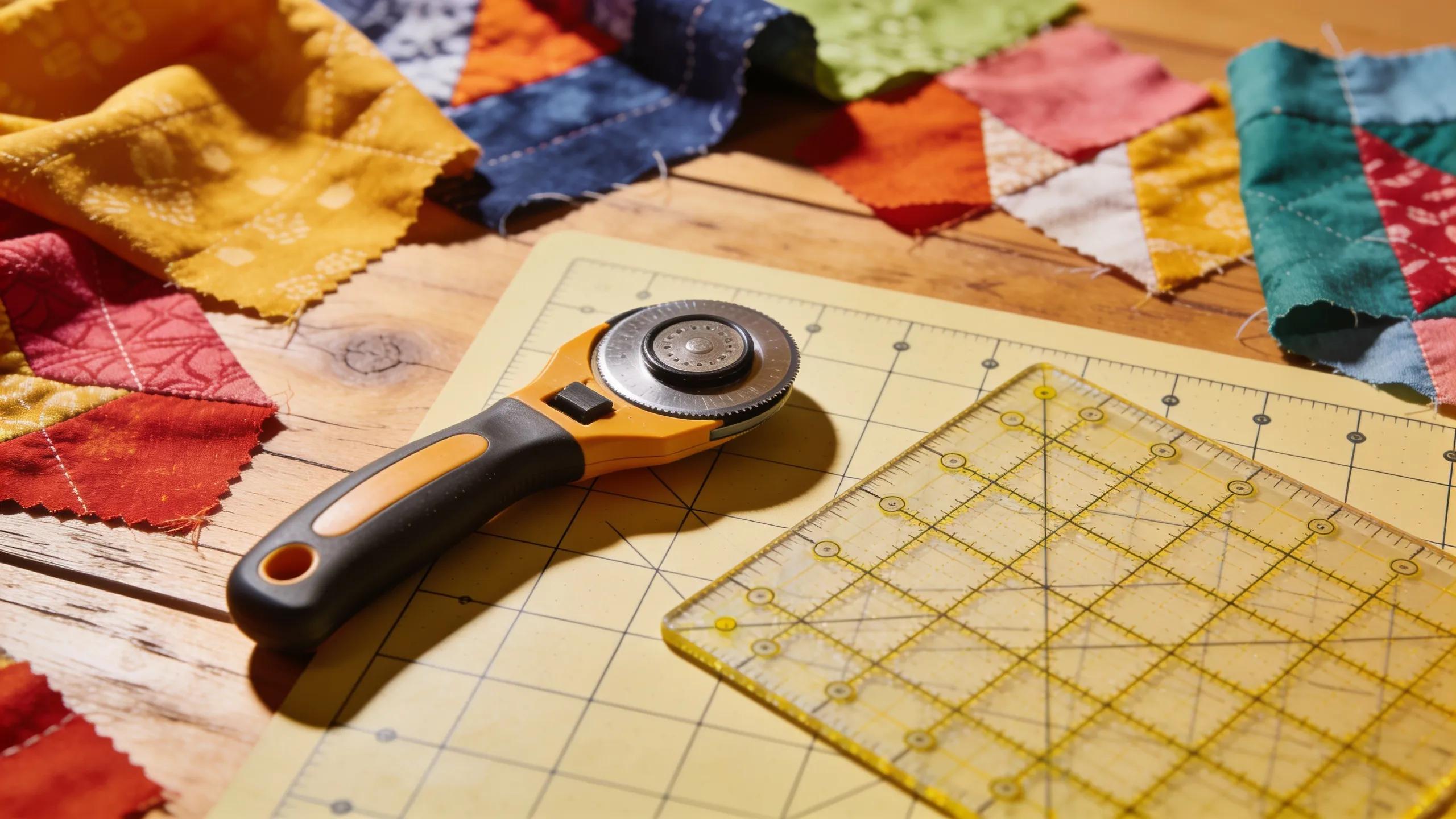 Essential quilting tools including rotary cutter, cutting mat, and quilting ruler on a table