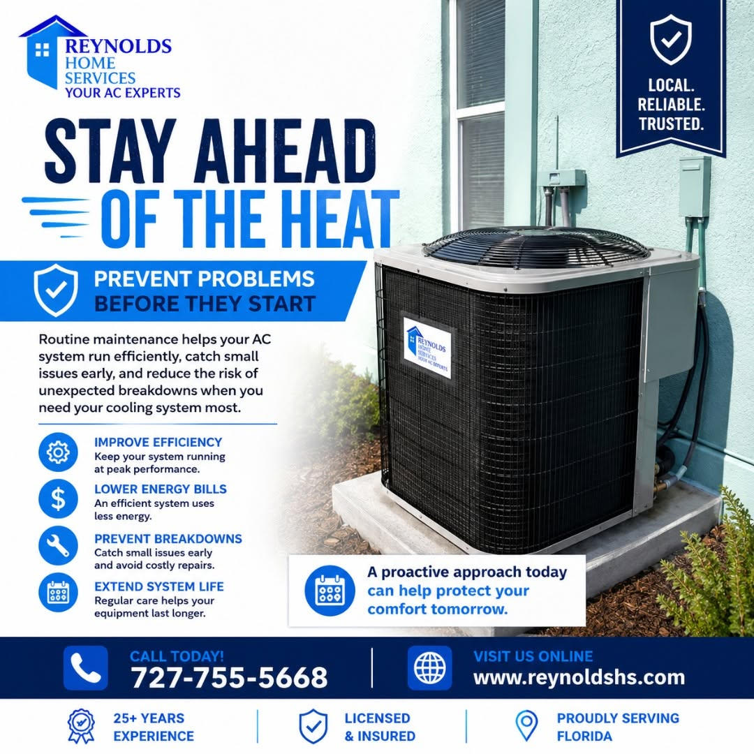 Air conditioning unit by a house with maintenance service information and contact details