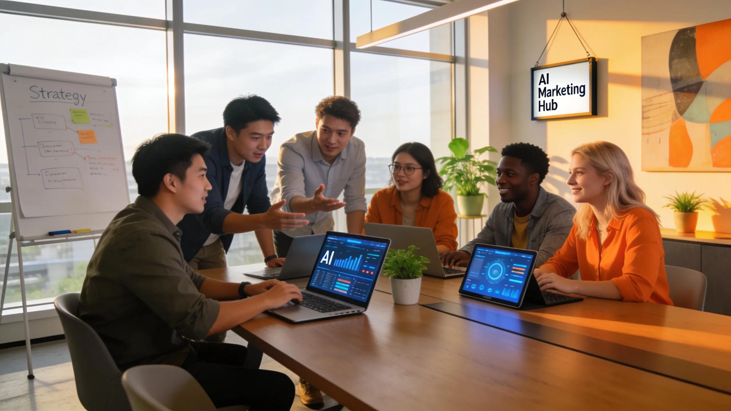 Group of startup entrepreneurs discussing AI marketing strategies in a modern office environment