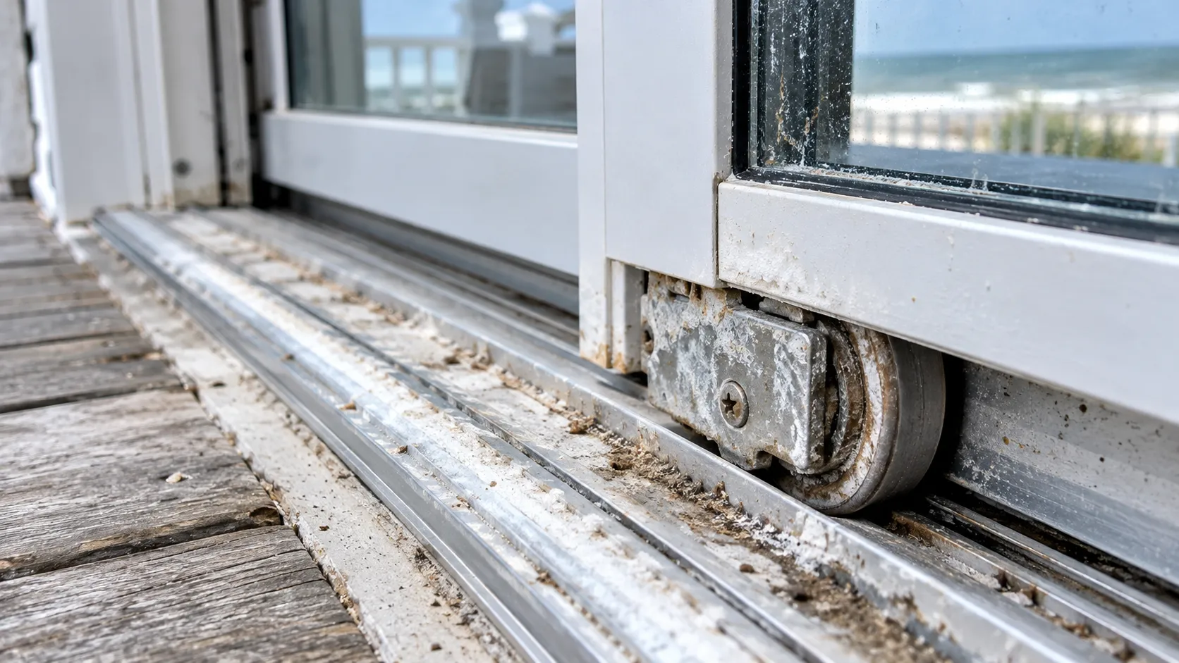 Salt air corrosion on a sliding glass door track in a coastal Maryland home