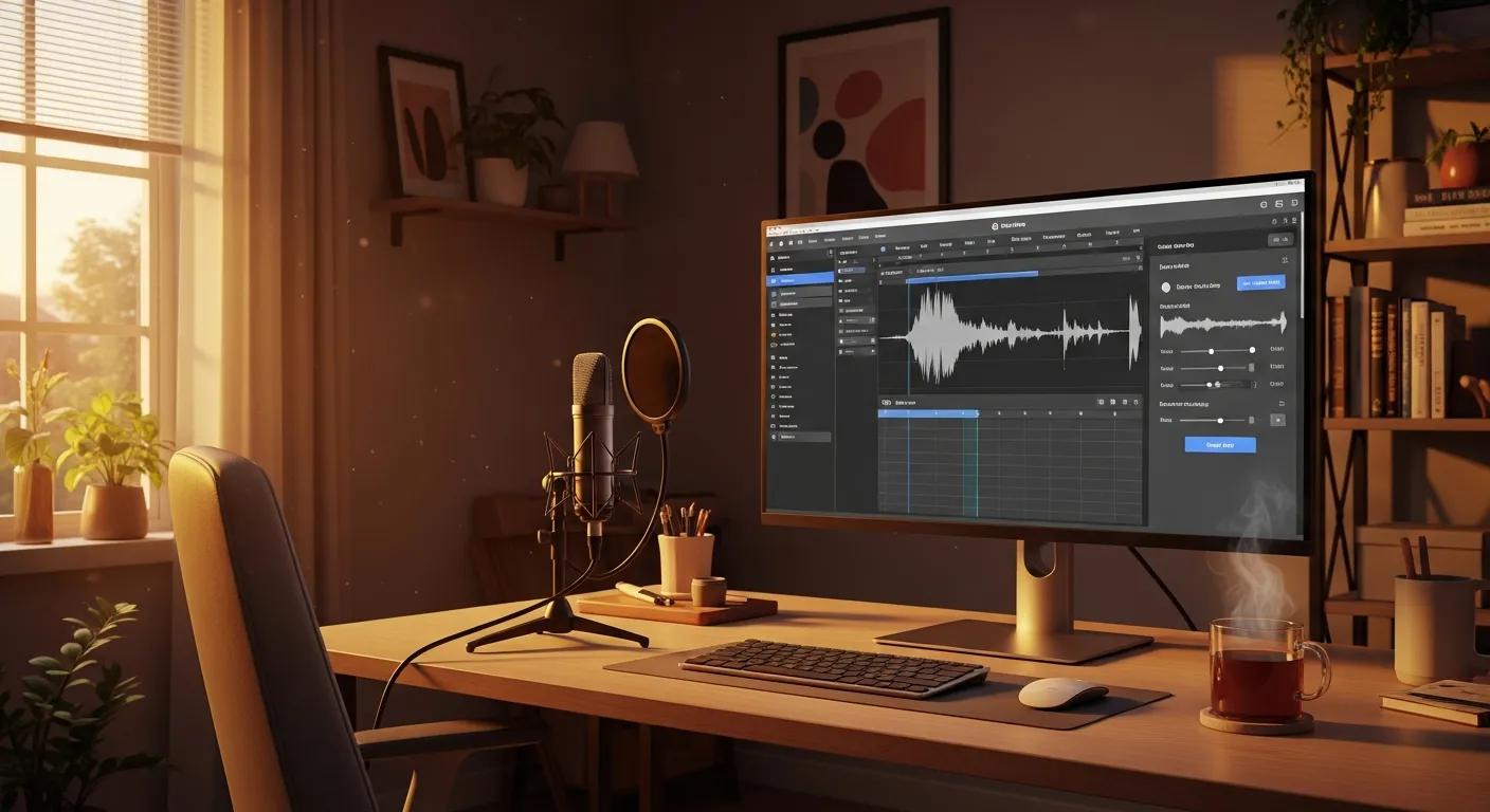 User-friendly interface of voice cloning software in a cozy home office setting User-friendly interface of voice cloning software in a cozy home office setting