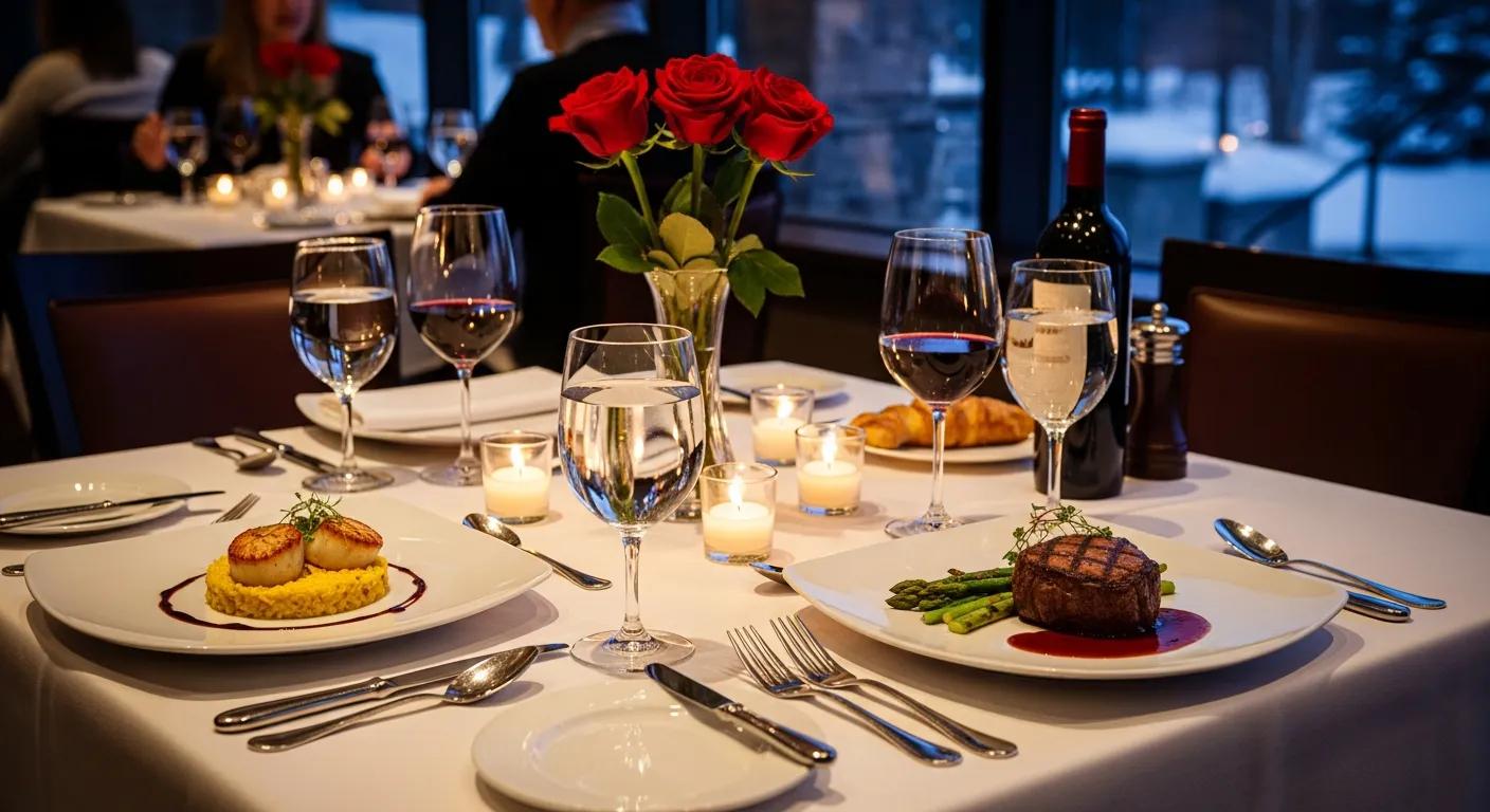 Elegant fine dining setup in Gaylord MI featuring upscale dishes and romantic ambiance