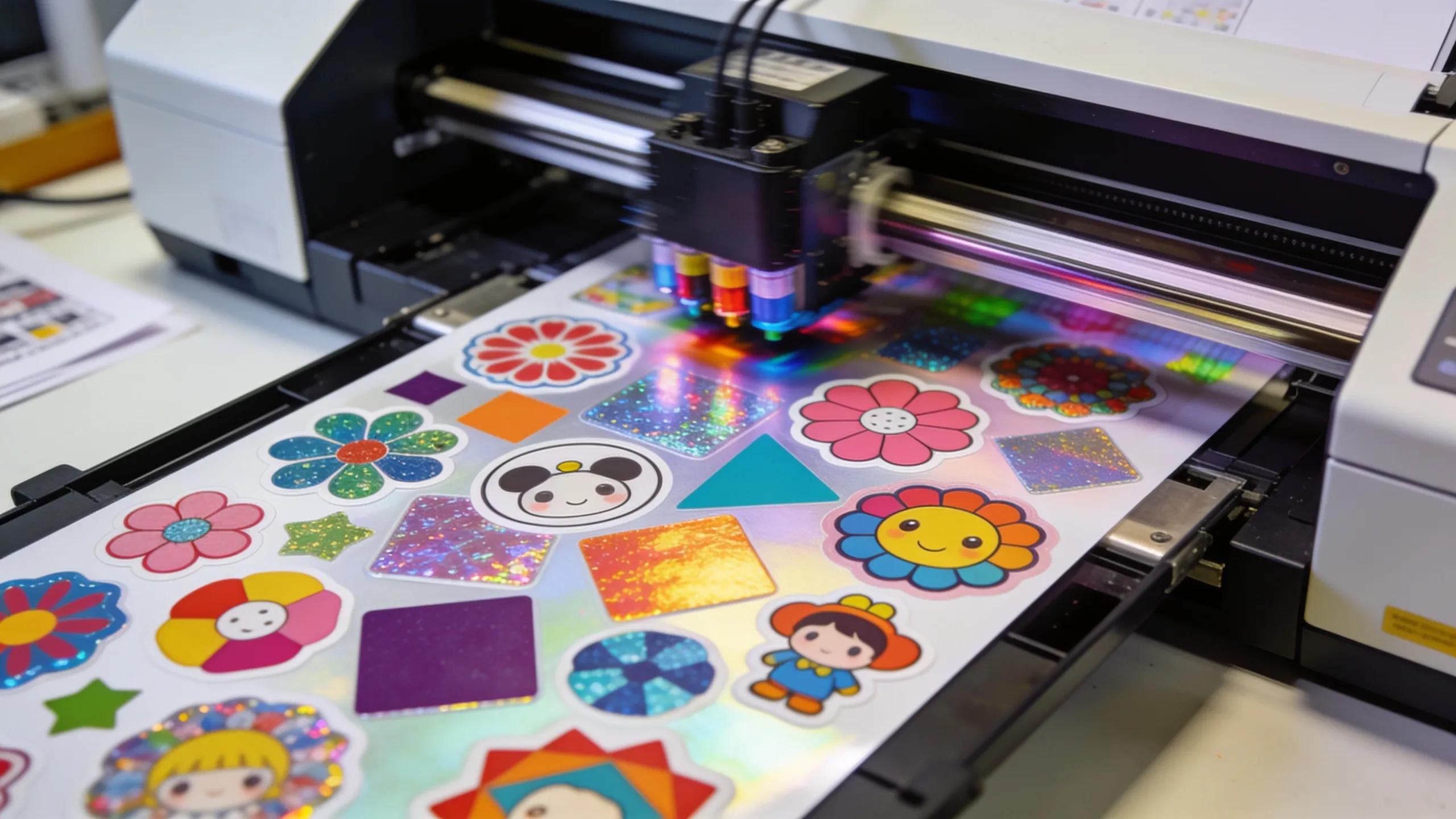 Custom sticker printing process in a vibrant printing shop with colorful designs