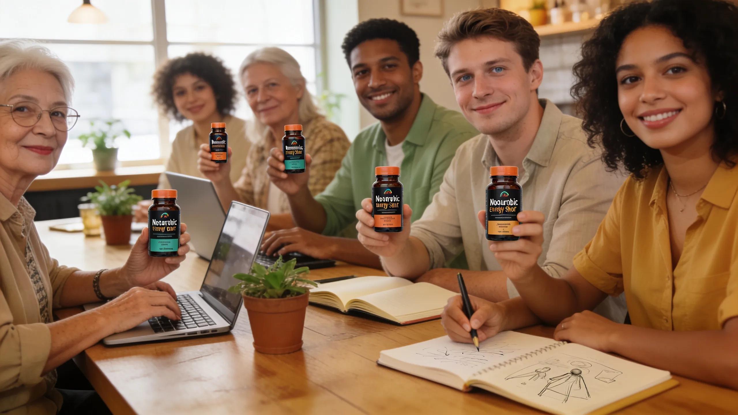Group of users in a cafe enjoying nootropic energy shots, highlighting their concentration and energy