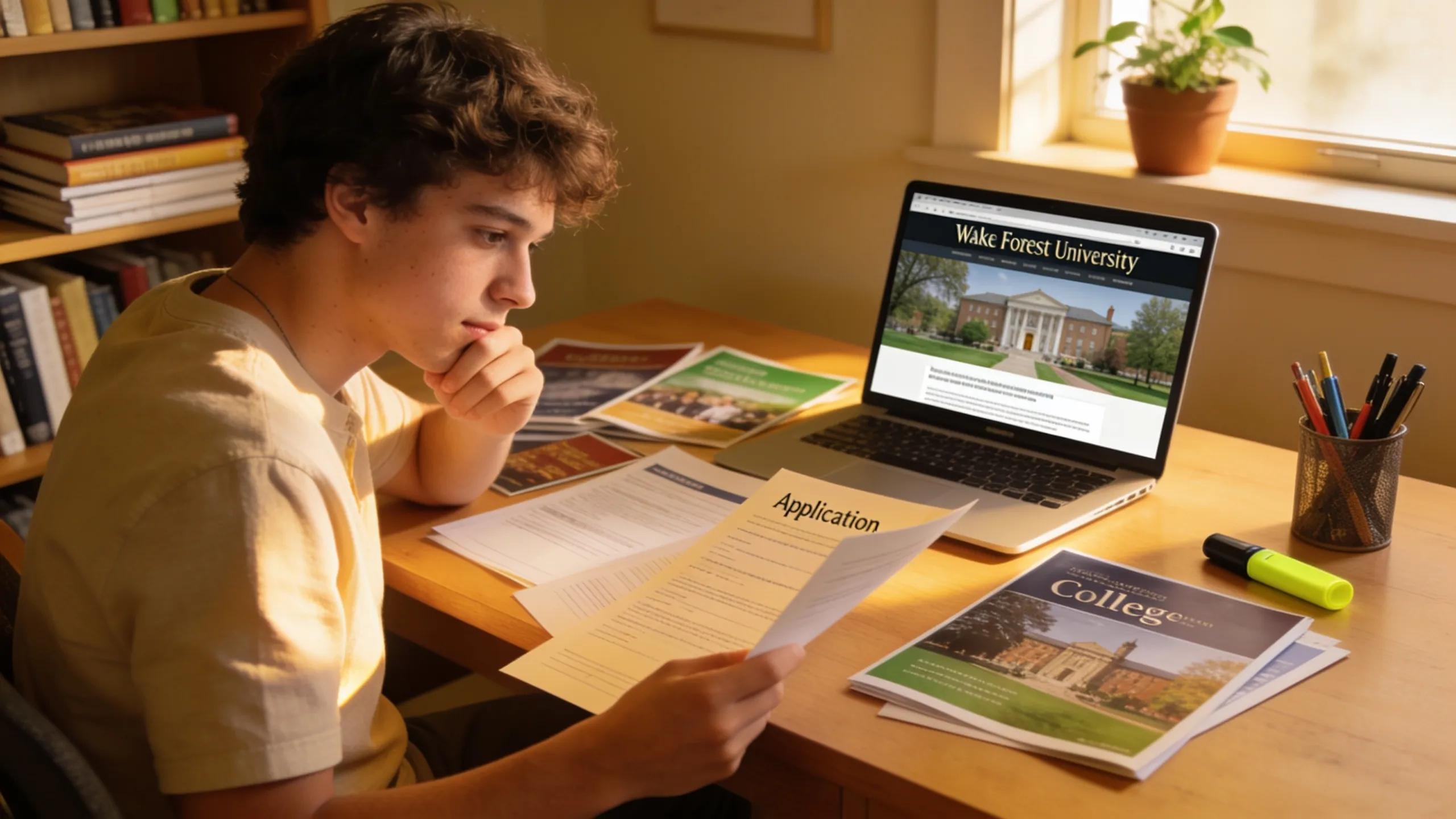 Student reviewing college application materials with Wake Forest brochures and laptop