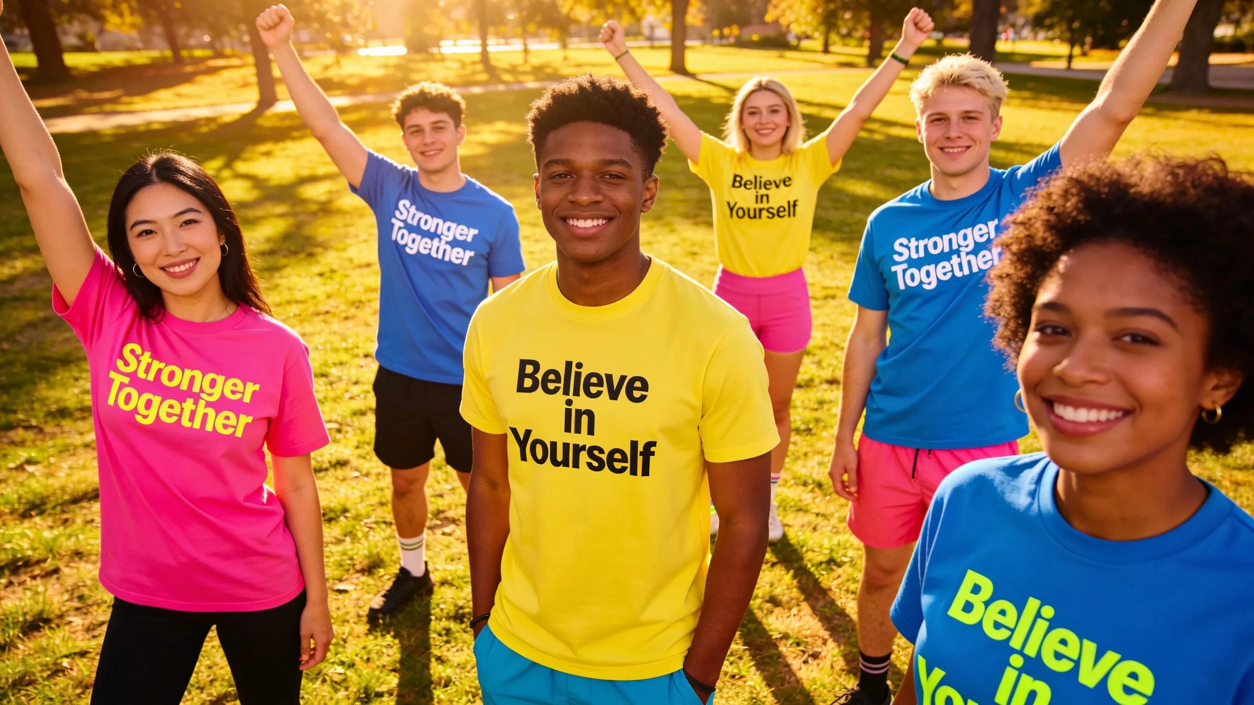 Diverse individuals wearing motivational apparel in a sunny outdoor setting, showcasing empowerment through fashion