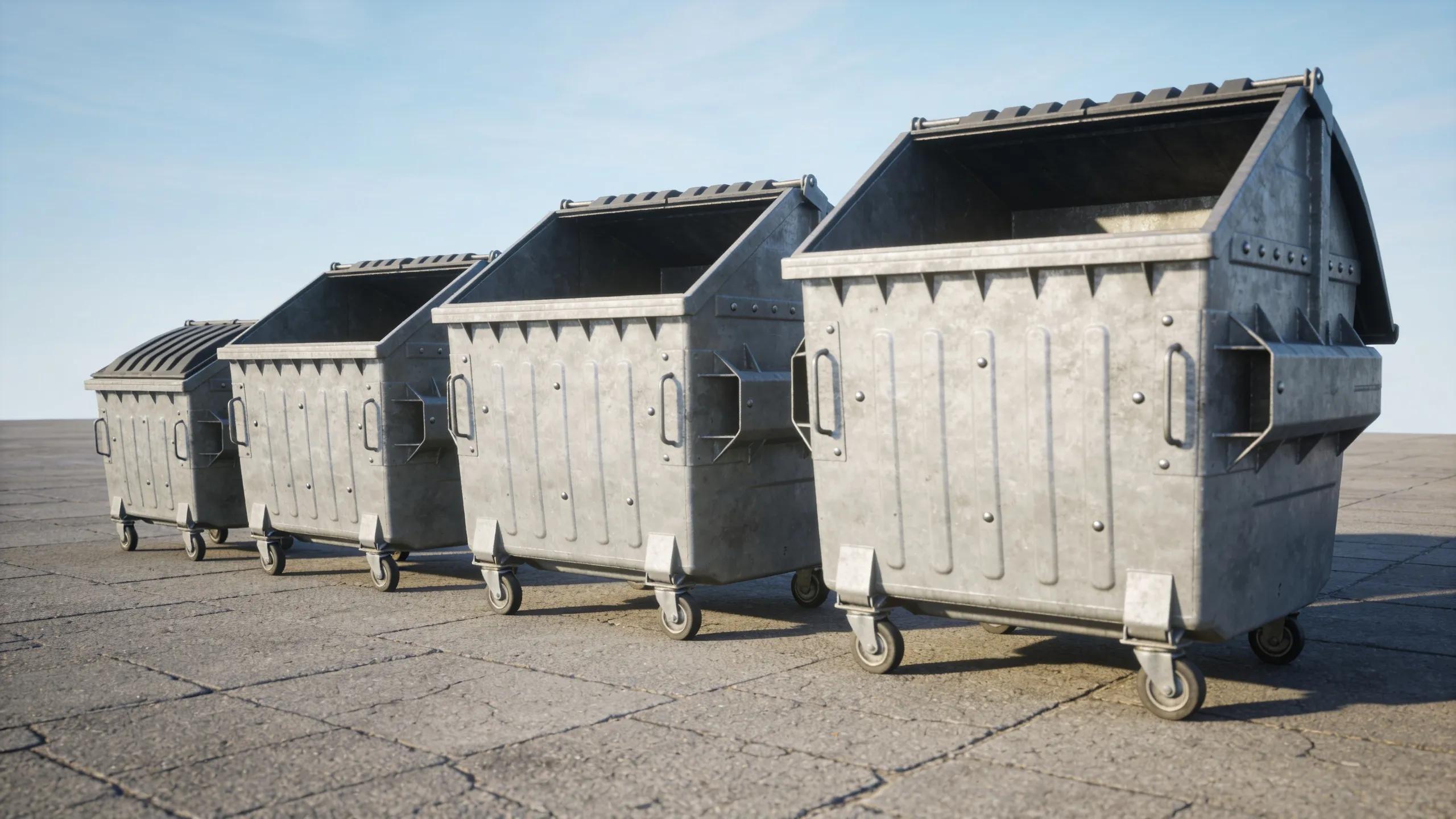 Side-by-side display of various skip bin sizes for hire in Dandenong, highlighting capacity differences