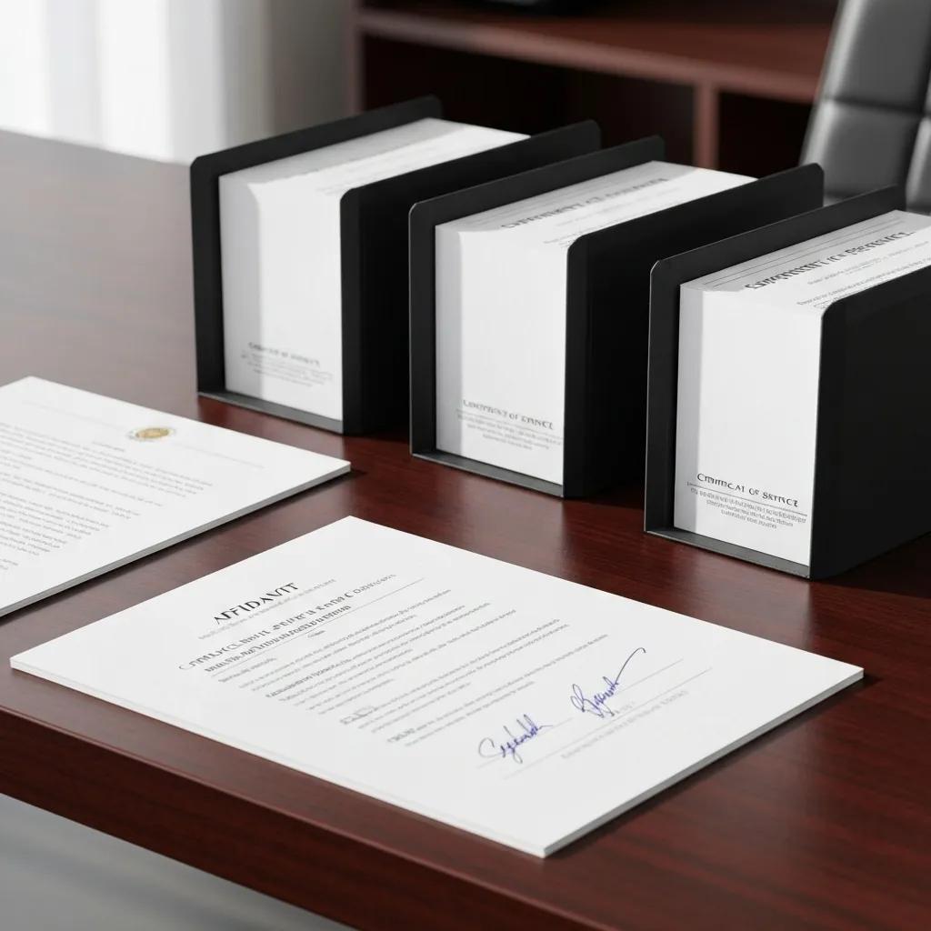 Signed affidavit and certificate of service alongside supporting documents on a desk