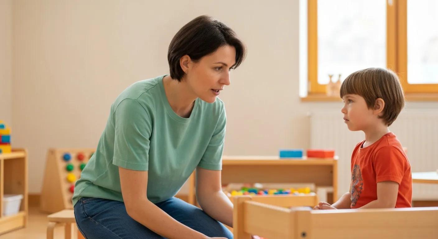A warm, natural-light preschool or home setting. A parent or teacher kneels to the child’s level, speaking gently while maintaining soft eye contact. The child looks attentive and calm, showing they feel heard and supported. The environment includes colorful toys or learning materials, creating a child-friendly atmosphere. The mood should highlight connection, cooperation, and respectful communication — not frustration or conflict.