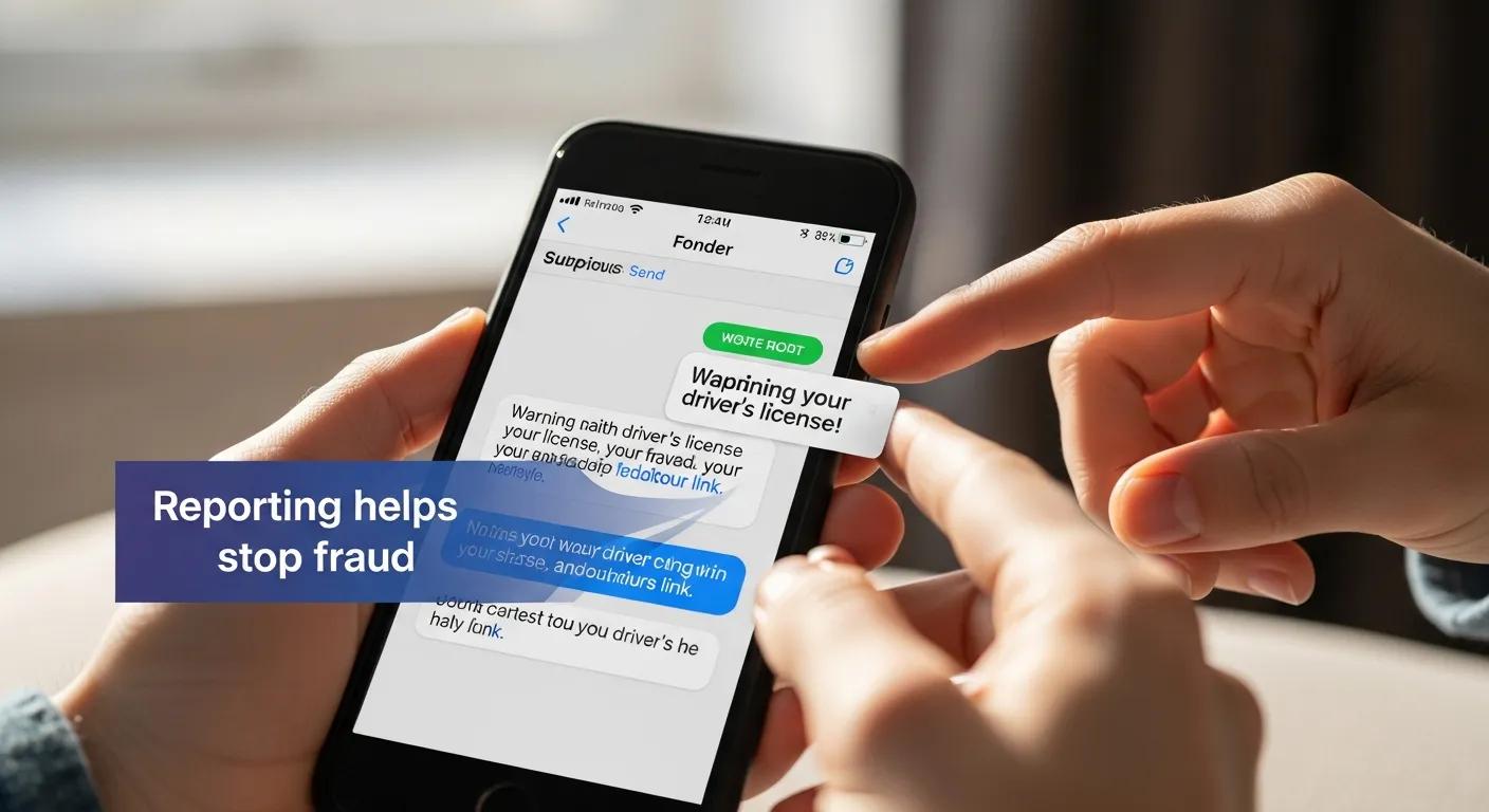 Person reporting a suspicious DMV text via phone — reporting helps stop fraud