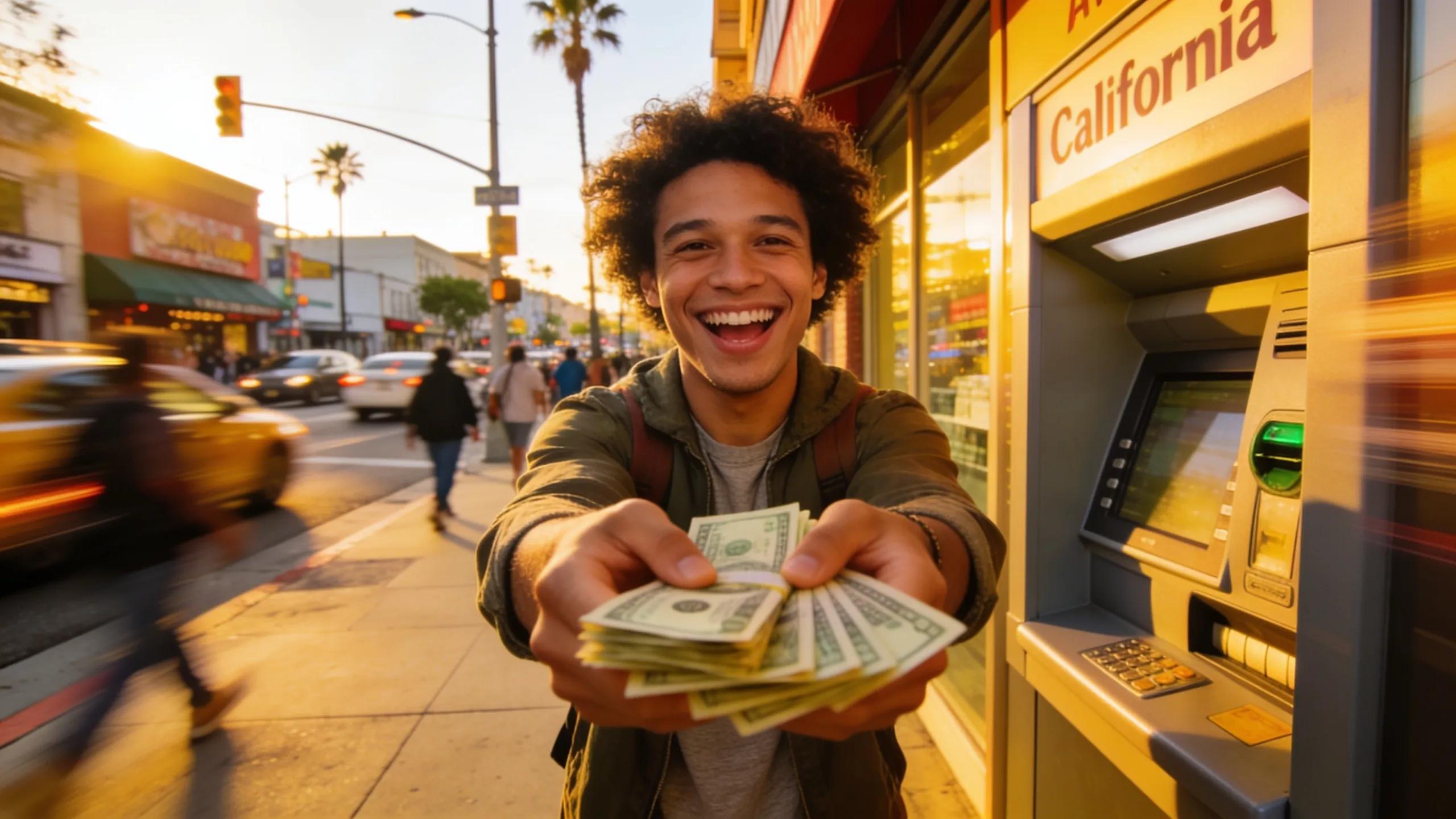 Person receiving cash from an ATM, reflecting the satisfaction of quick financial access Person receiving cash from an ATM, reflecting the satisfaction of quick financial access