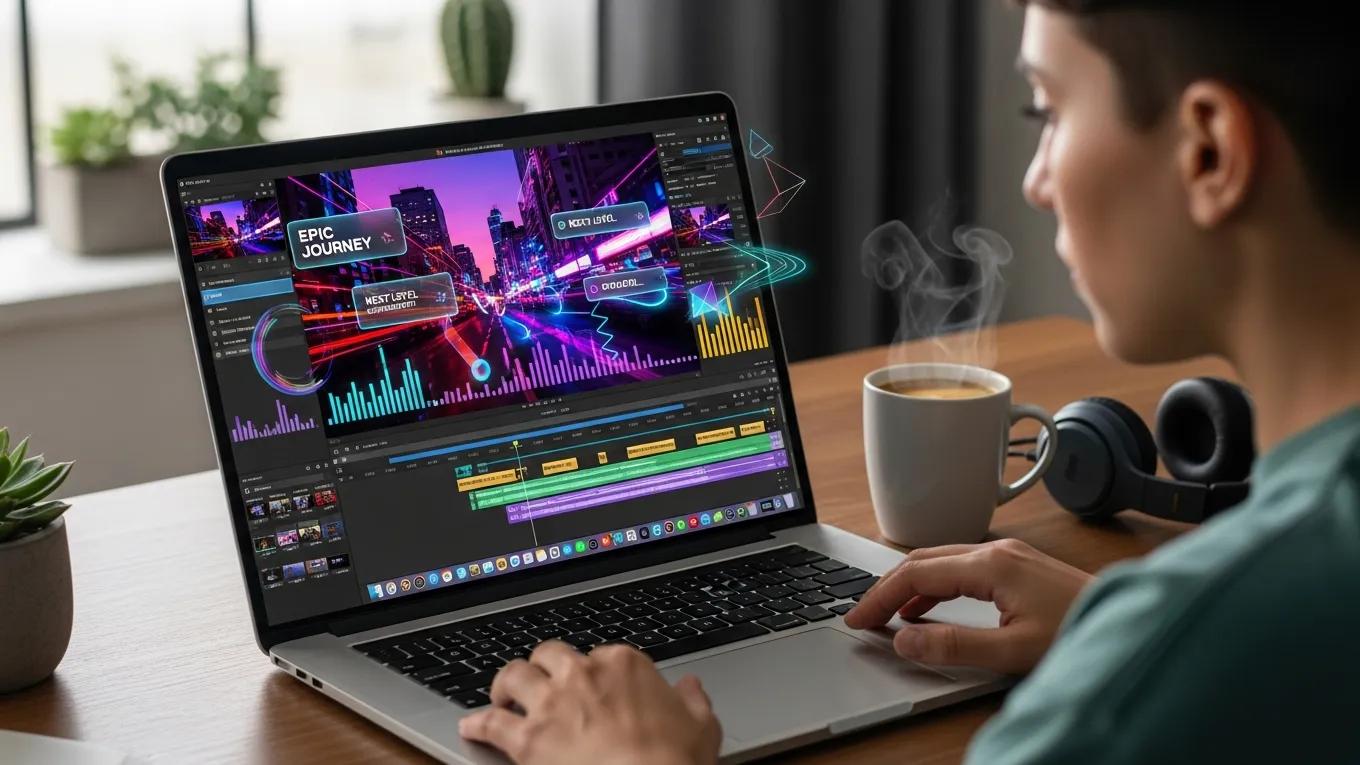 User customizing a video project on a laptop with vibrant graphics and text overlays User customizing a video project on a laptop with vibrant graphics and text overlays