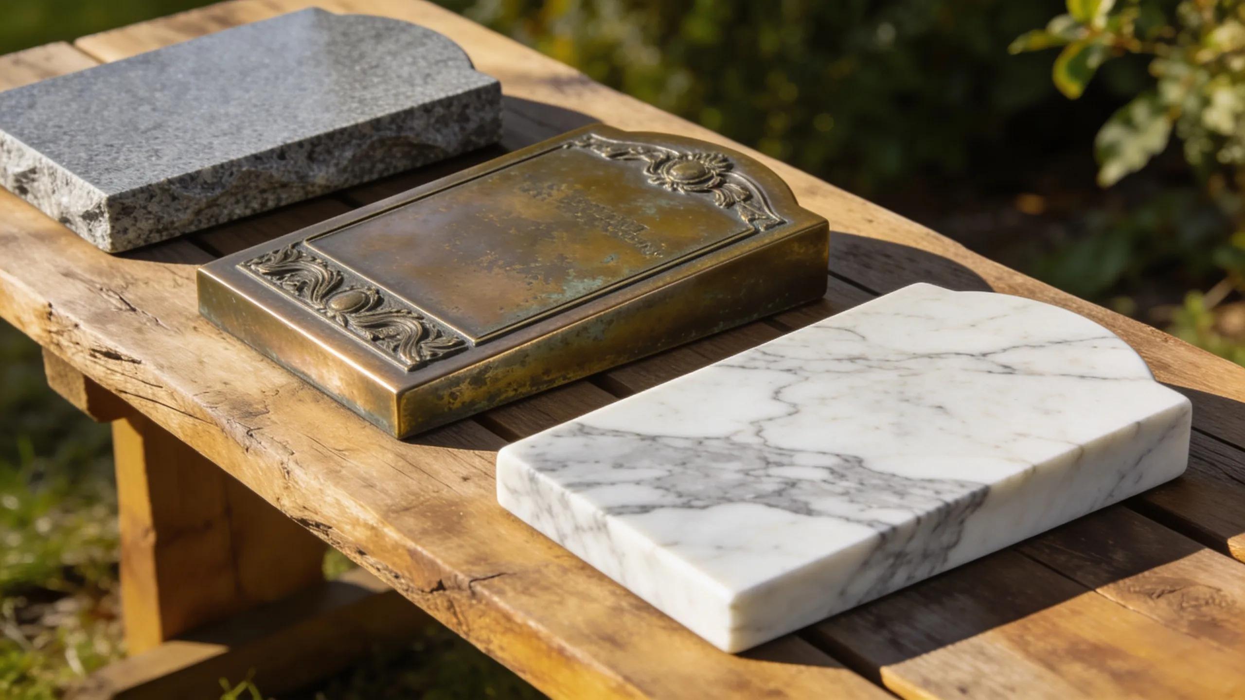 Display of granite, bronze, and marble grave markers showcasing cost and aesthetic variations