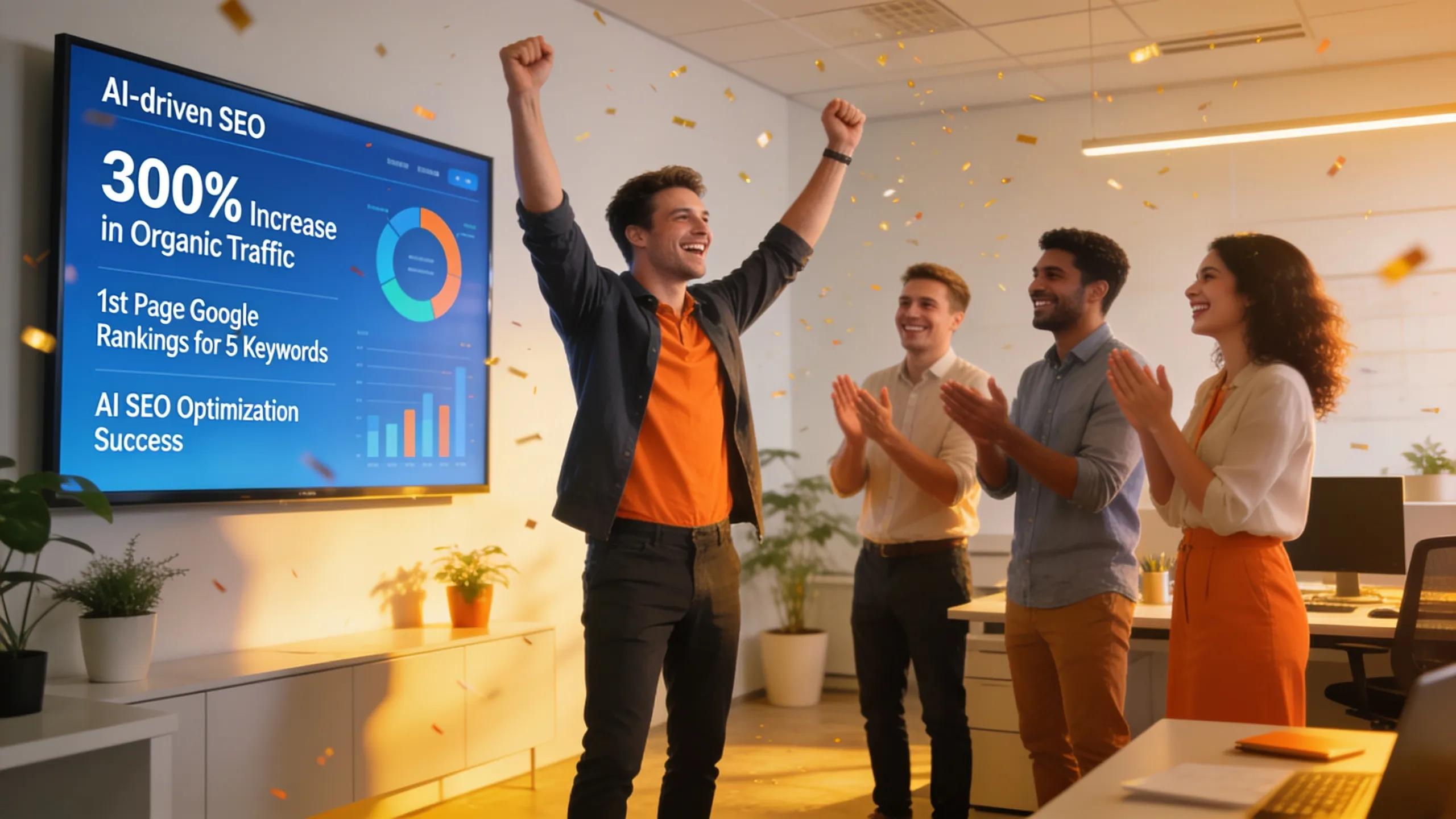 Client celebrating success with AI-driven SEO results in an office