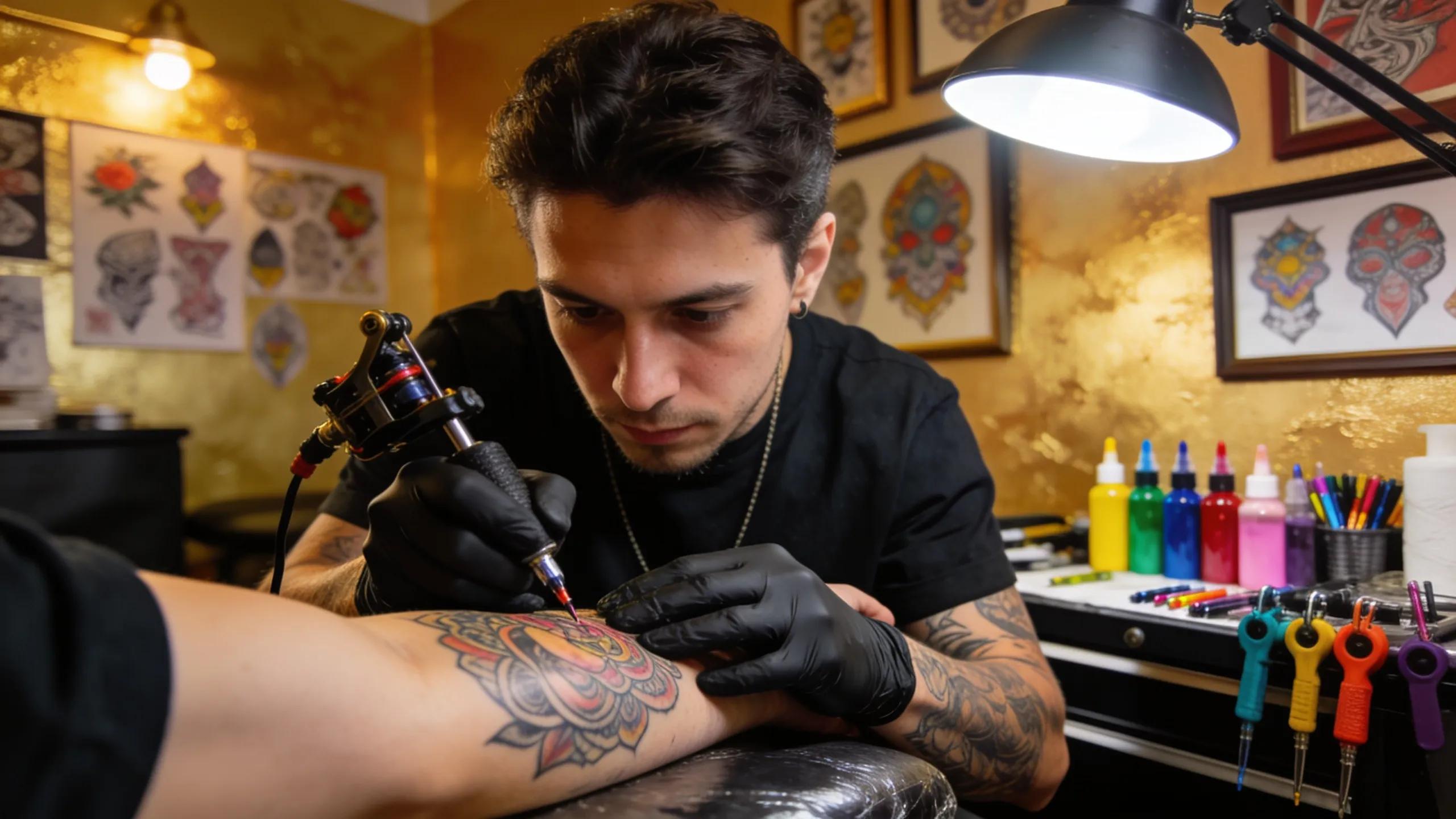 Evaluating tattoo artist portfolio with diverse designs and sketches