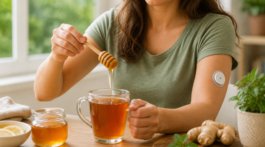 Person with glucose monitor on their arm, drizzling honey into a cup of tea