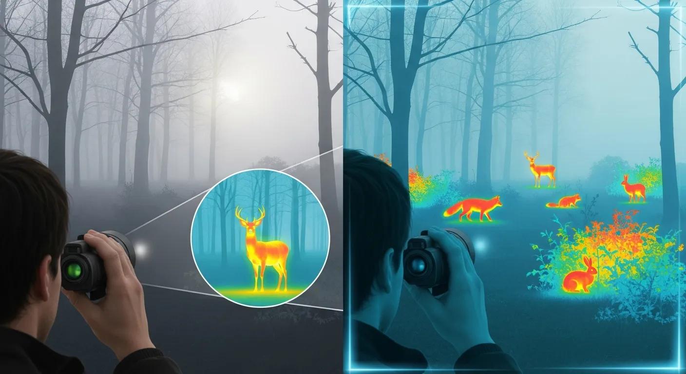 Illustration of thermal monocular benefits in fog and wildlife observation